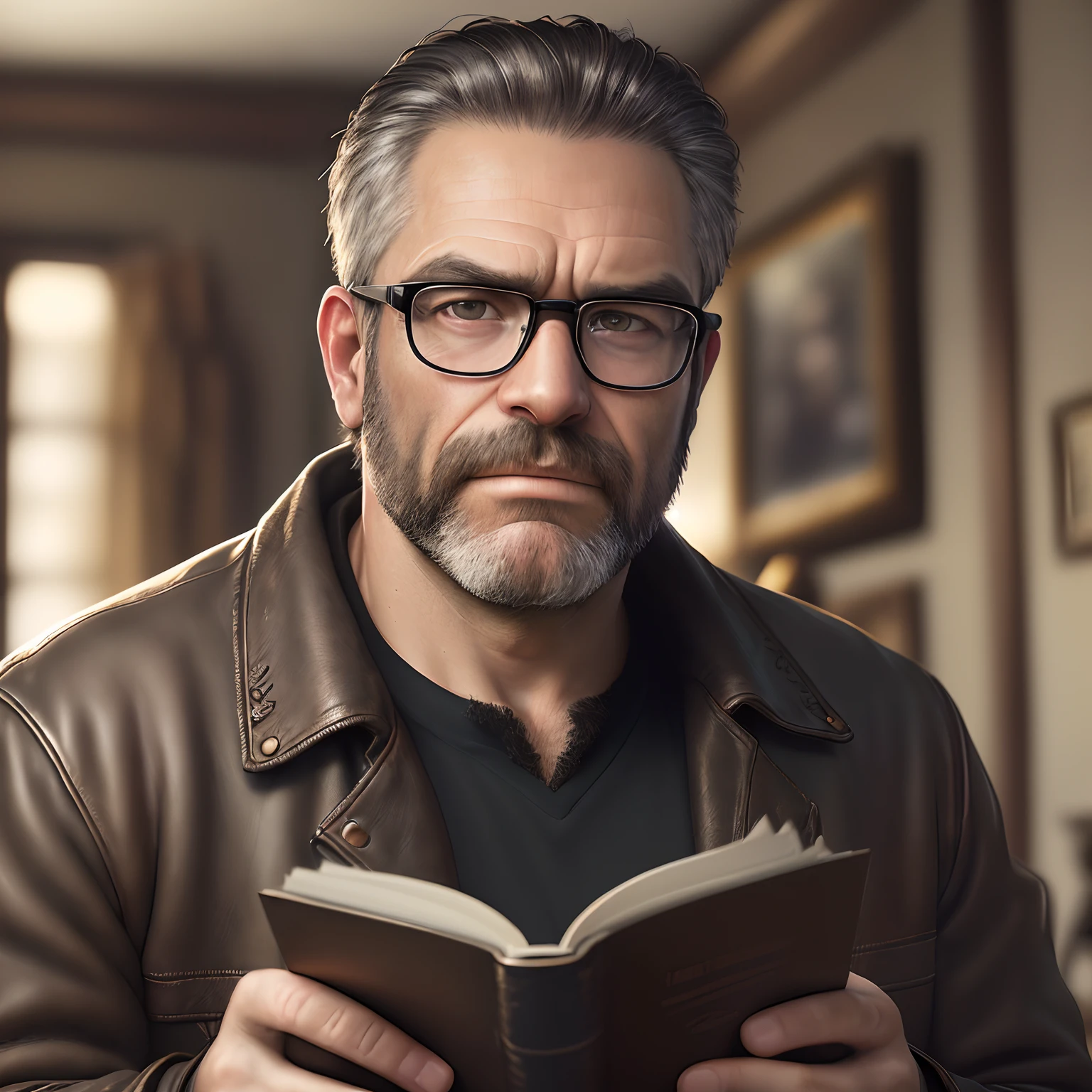 (editorial photograph 9:16of a working man sitting in his living room in, bearded, serious doing his reading, 47 years old, brown eyes), (wearing worn and worn winter shirt, wearing old worn black leather jacket, wearing glasses, detailed:1.3), (highly detailed face:1.4), (background inside dark, grumpy, private study, antique furniture:1.3), (8k, uhd, DSLR,  high quality, cinematic lighting, bokeh), (dramatic and award-winning photography, amazing masterpiece:1.3) (strong depth of field)