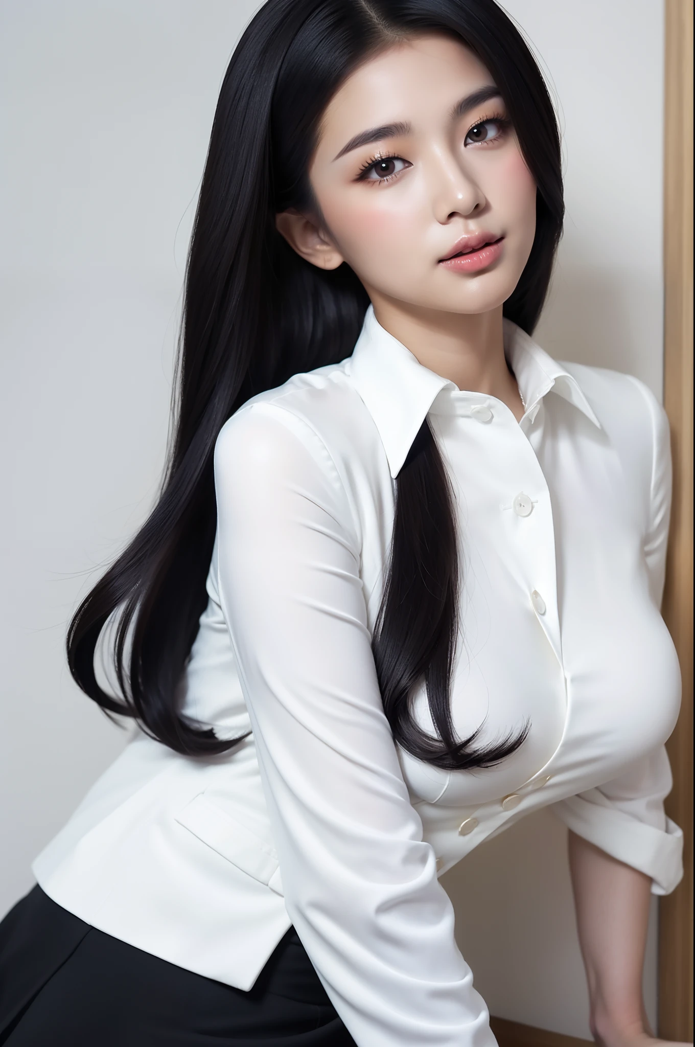 arafed asian woman in a white shirt and black skirt posing for a picture, jaeyeon nam, gorgeous young korean woman, beautiful south korean woman, korean girl, beautiful young korean woman, korean woman, heonhwa choe, korean women's fashion model, smooth white tight clothes suit, sexy look, big breast, rainbow hair , sexy pose