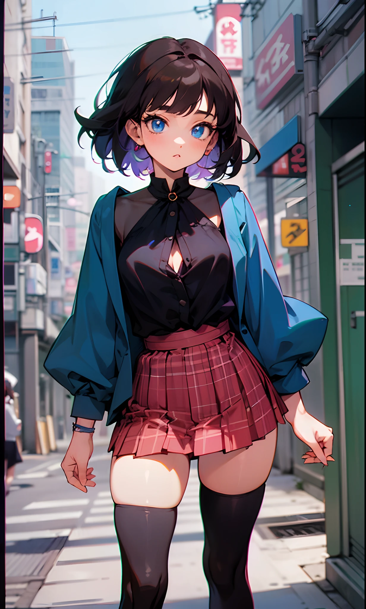 80s anime style image. a beautiful girl with a short hairstyle and dark hair, one ear is open, she has blue eyes, stands in the middle of the streets of Tokyo, she is dressed in a dark blouse and a dark short skirt with stockings, --auto --s2