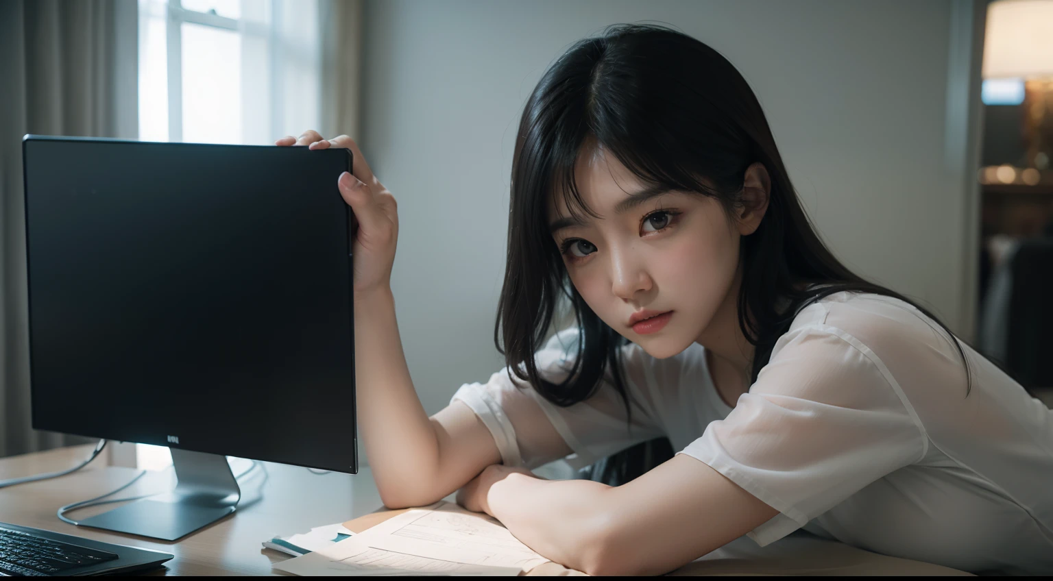 ((best qualtiy)), ((tmasterpiece)), (the detail:1.4),full bodyesbian,hdr(HighDynamicRange),Ray traching,NVIDIA RTX,Hyper-Resolution,Unreal 5,Subsurface scattering、PBR Texture、post-proces、Anisotropy Filtering、depth of fields、maximum definition and sharpness、Many-Layer Textures、Surface coloring、Accurate simulation of light-material interactions、perfectly proportions、rendering by octane、largeaperture、Low ISO、White balance、the rule of thirds、8K raw data、see-through shirts,Vaguely convex,Petting the,simplebackground