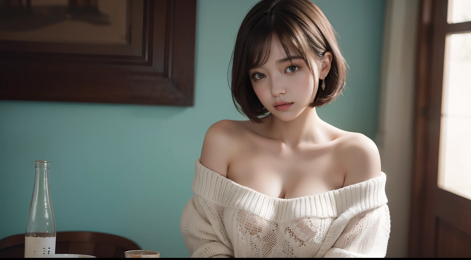 Fantasy. a girl, sitting, bare shoulders, detailed (((loose))) white sweater. large breasts, half body portrait, ((looking at away)), stunningly beautiful, mint bob hair, blush, humble, table, home, hands. highly detailed. Cinematic lighting, (nsfw:1.27)