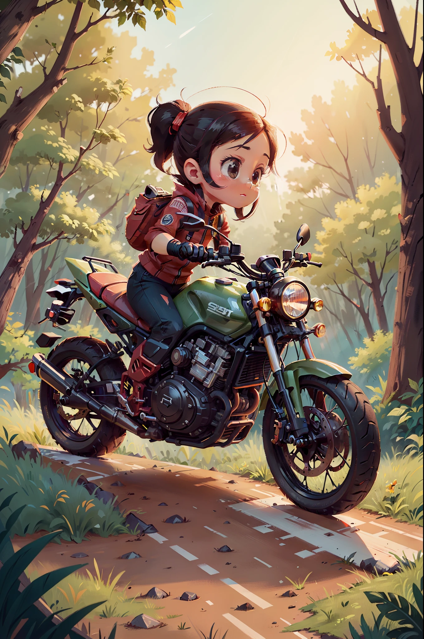 The motorcycle is speeding on a slope，The silhouette reflects red and black tones，Sunset in the dense forest，Calm on the grass。