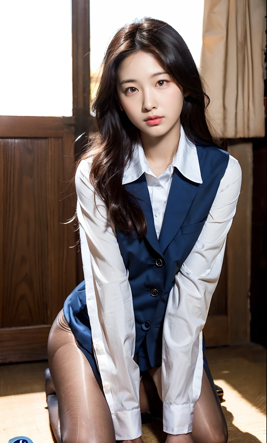ulzzang-6500-v1.1, (raw photo:1.2), (photorealistic:1.4), beautiful detailed girl, very detailed eyes and face, beautiful detailed eyes, ridiculous, incredibly ridiculous, huge file size, super detailed, high resolution, very detailed, best quality, masterpiece, kemomimi, ((Japanese girls' high school uniform)), illustration, very detailed, CG, unified, 8k wallpaper, amazing, Fine details, masterpiece, best quality, very detailed CG uniform 8k wallpaper, light on face, cinematic lighting, 1girl, , ((no panties)), ((dynamic pose))), (camel toe), (half), (pantyhose), (knee-bending leg sitting))