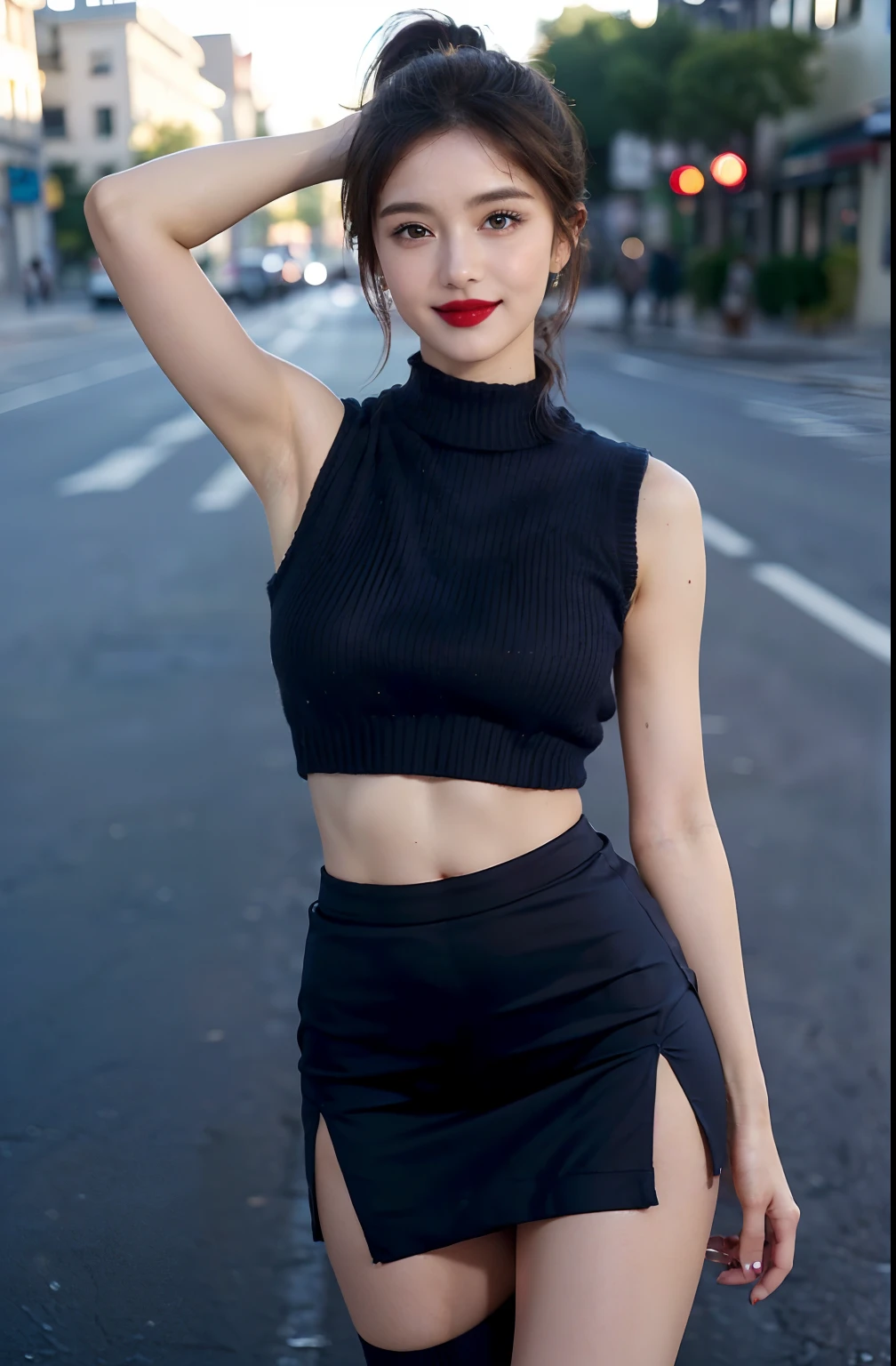 ((Wear a skirt that is considerably shorter than in the photo、Show underarms、Armpit、full body closeup、Split skirt to waist、All legs are visible with slits、Slit to the upper limit of the skirt.!、It is a short skirt that rises to the top of the crotch、Insert the slit all the way over the skirt...、Ultra-realistic armpits、、Armpit、Detailed armpit wrinkles、Detailed armpit pores、Realistic armpit skin、Black armpit skin、Black armpits、Armpit poses、Super mini skirt with slit up to the top of the skirt、high-ponytail Hairstyle、gazing at viewer、smil、micromini skirt、Very short skirt、No panties、With no pan、Super mini skirt with slit、In a super mini skirt with a slit at the top of the skirt、witheout panties、Super mini skirt with slit up to the top of the skirt、Standing on the street、In the street、in a street)), (illustratio), (hight resolution), (8K), (ighly detailed), (The best illustrations), (armpit pose、beatiful detailed eyes), (top-quality), (ultra-detailliert), (​masterpiece), (wall-paper), (详细的脸), (A smile、((40 years,red lipsticks,femele,Show realistic armpits))、Brown hair,short-hair,((Show underarms、Navy blue sleeveless short sweater and very short skirt with slit at the top of the skirt、No panties、No Panties Women)), japanes,