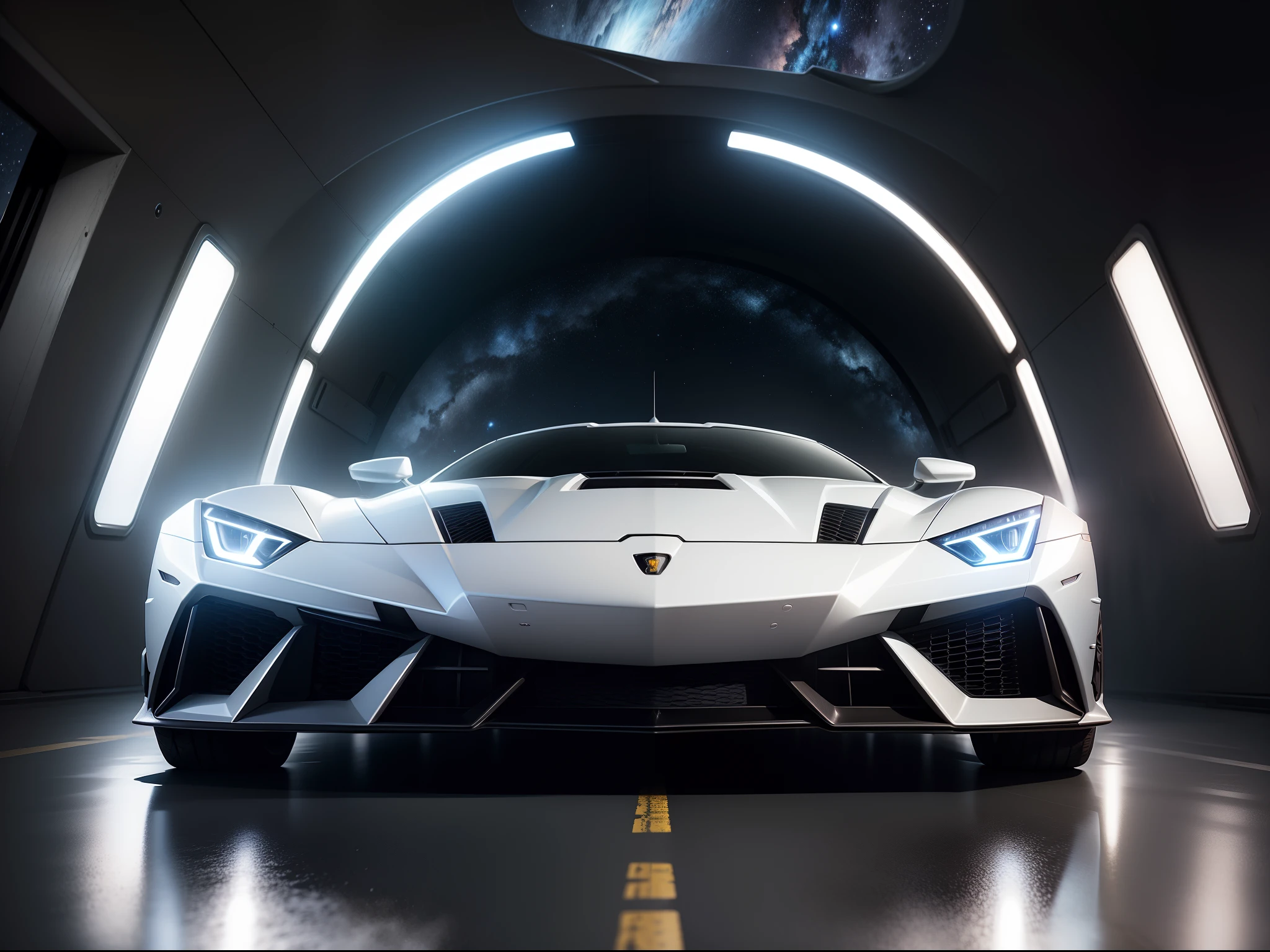 A refined white sports car,Ultra-realistic starry sky tunnel,真实感,Lamborghini