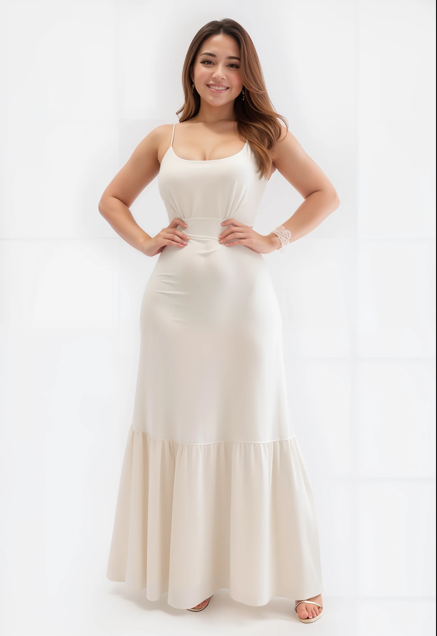 uma mulher em um vestido branco posando para uma foto, usando deslumbrante vestido de marfim, usando vestido cor marfim, em um longo vestido branco, em um maxi vestido branco, vestido branco longo, lindo vestido branco longo longo, deslumbrante vestido de marfim, vestido creme simples, vestido longo, figura feminina no maxi vestido, Flowing dress, vestido branco de corpo inteiro, white flowing dress, vestindo vestido longo, IMAGEM REALISTA, FLUL HD, PRESERVANDO O S DETALHES, MULHER LINDA E PERFEITA