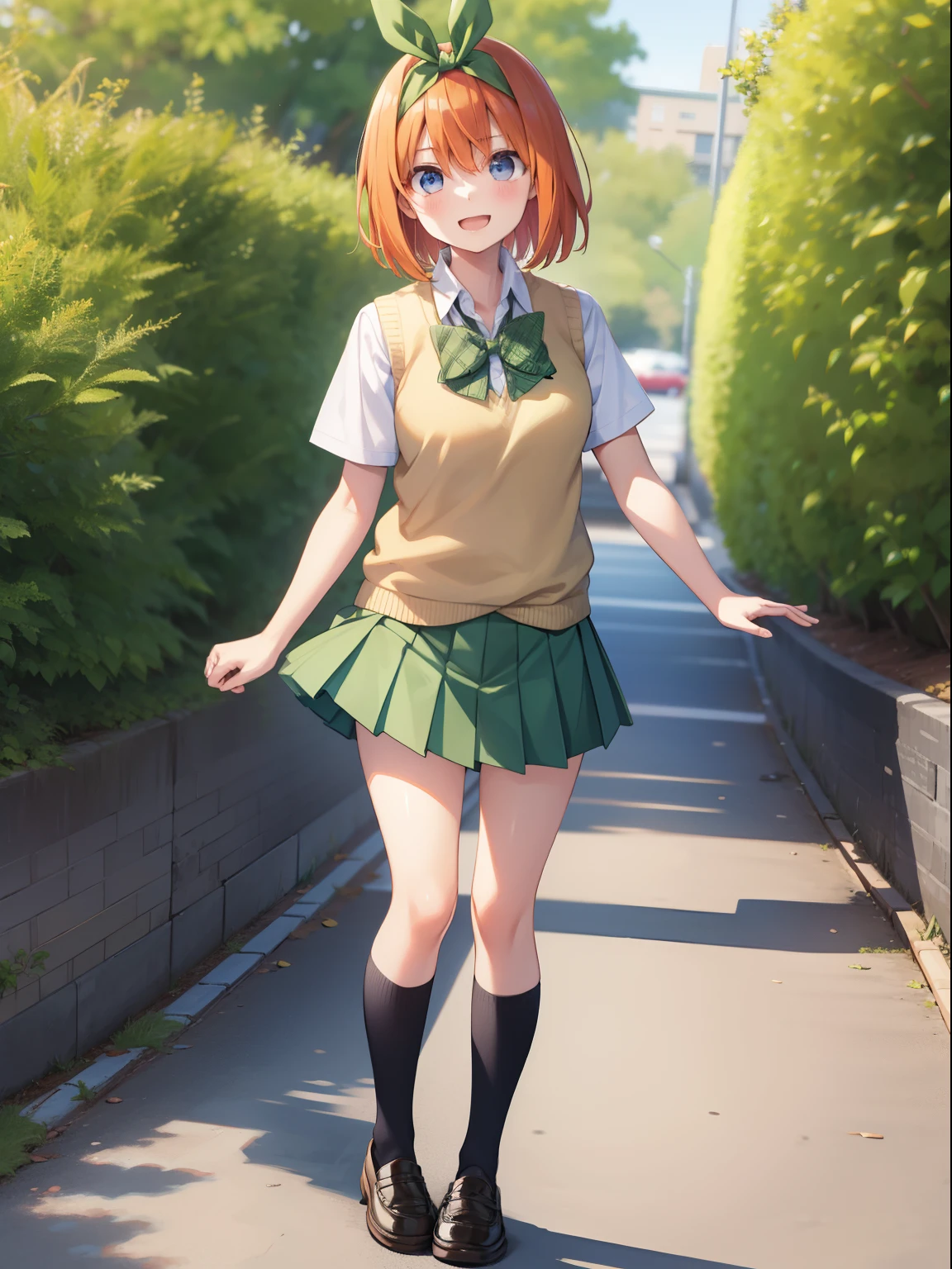 yotsuba nakano, bangs, short hair, blue eyes, hair between eyes, hair ribbon, hairband, orange hair, green ribbon,skirt, shirt, bow, ribbon, school uniform, white shirt, short sleeves, pleated skirt, shoes, socks, collared shirt, miniskirt, bowtie, black footwear, kneehighs, green skirt, black socks, loafers, green bow, sweater vest, green ribbon, knee socks, outdoors, excited, laugh, looking at viewer, standing, fullbody