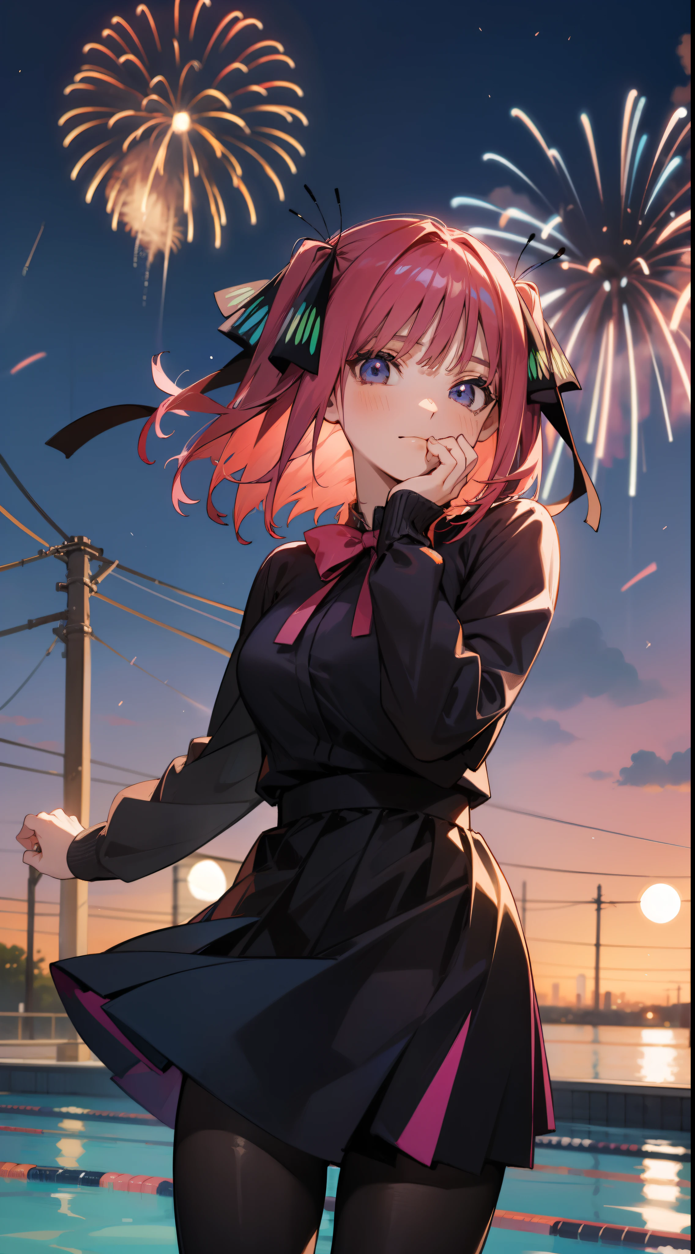 anime girl, looks at viewer, tokyo, pink hair, two black and blue butterfly bows, black tights, elegant dress, short hair, party, sunset, closed mouth, happy, tights, swimming pool, fireworks