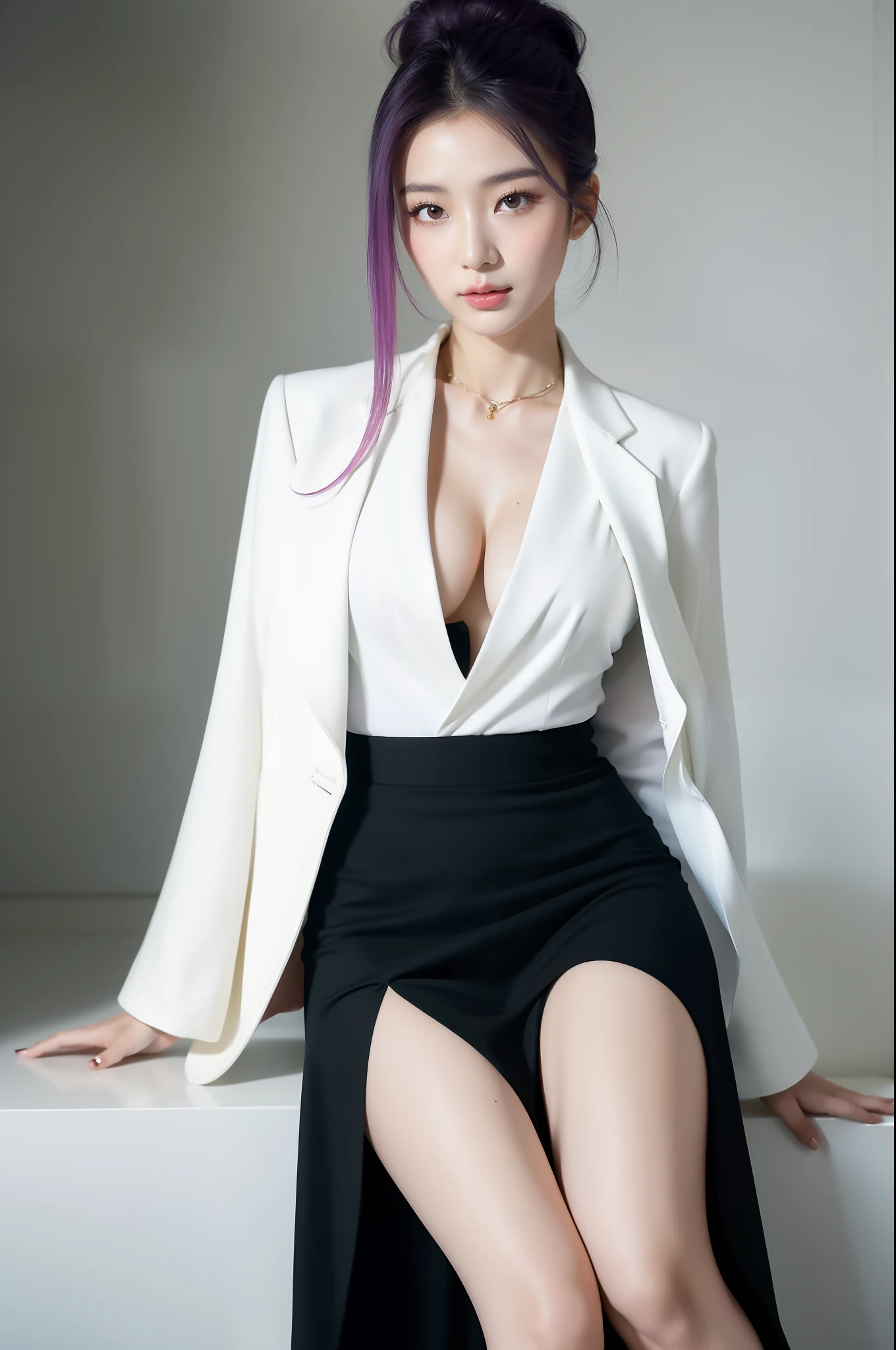 arafed asian woman in a white shirt and black skirt posing for a picture, jaeyeon nam, gorgeous young korean woman, beautiful south korean woman, korean girl, beautiful young korean woman, korean woman, heonhwa choe, korean women's fashion model, smooth white tight clothes suit, sexy look, big breast, rainbow hair , sexy pose