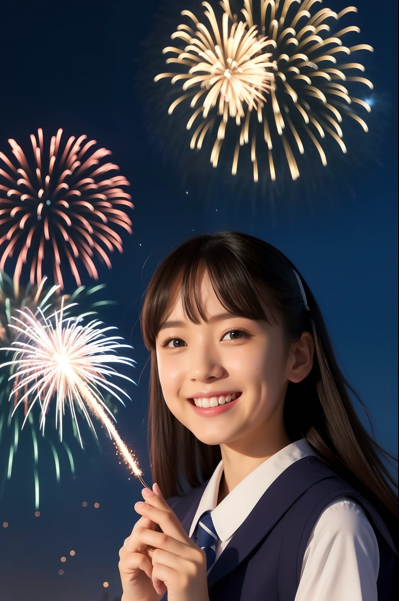 A smile、hi-school girl、校服、While doing fireworks、mare、Tokyo Skytree