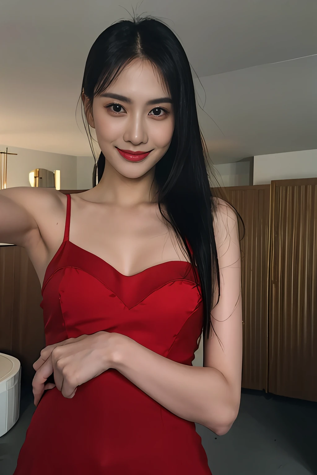 1girl,(masterpiece:1.2), (best quality:1.2), (extremely detailed), selfie from center front, (extremely detailed face), ultra-detailed eyes and pupils, (ultra detailed), 8k, photorealistic, pretty face, smile, instagram shot, instagram style, in the bedroom, looking at viewer, facing front, perfect skin, cinematic lighting, fair skin, black hair, black eyes, upper body, portrait photo, slim, slender, no makeup, nikon RAW photo, 8k ,Fujifilm XT3, photorealistic, armpits, detailed face, fair skin, perfect shape, slim face, indoors, dim lighting, (((red Silk Slip Dress))), (looking at viewer:1.2),