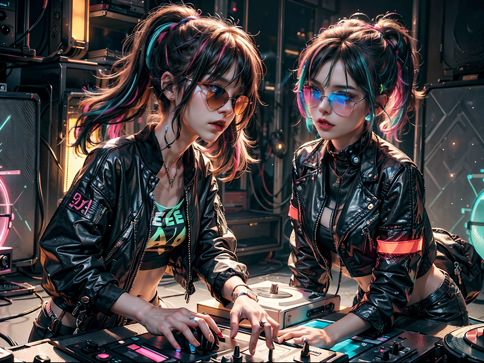 "Cyberpunk DJ girl with cool neon head set, colorful neon light around her, multicolor hair, multicolor, front view ,cool open jacket and crop top shirt, rocking sun glasses, two big LED glowing loudspeakers on each side, immersed in a neon-lit environment, vinyl record on turntable with music mixer and turntable in front of her, exuding an electrifying disco vibe in a futuristic night club."