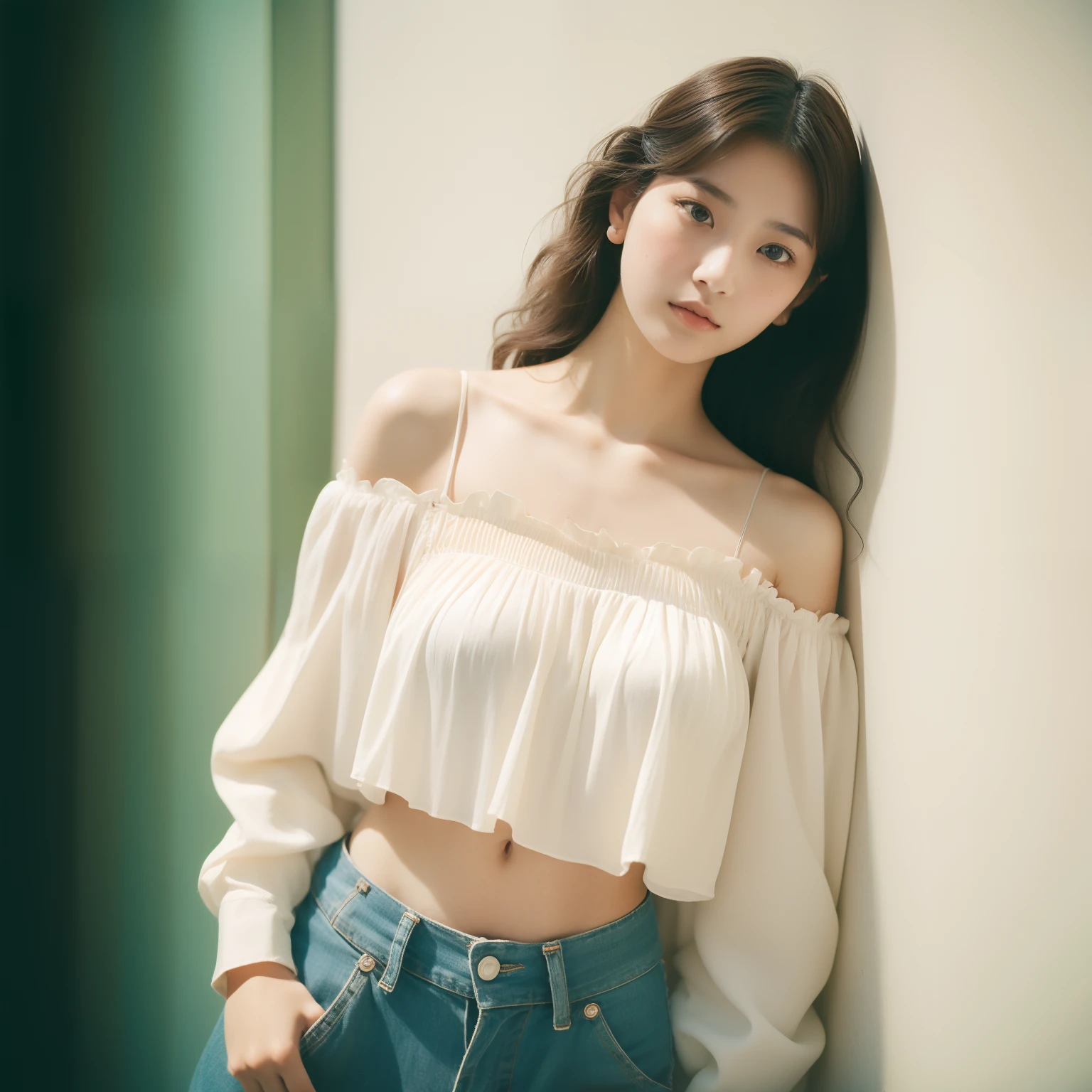 best quality, side posing, a kawaii Japanese fashion model girl, age of 21, wavy hair, off shoulder blouse, long pants, perfect full body torso, looking at viewer, art museum, analog photography, natural lighting