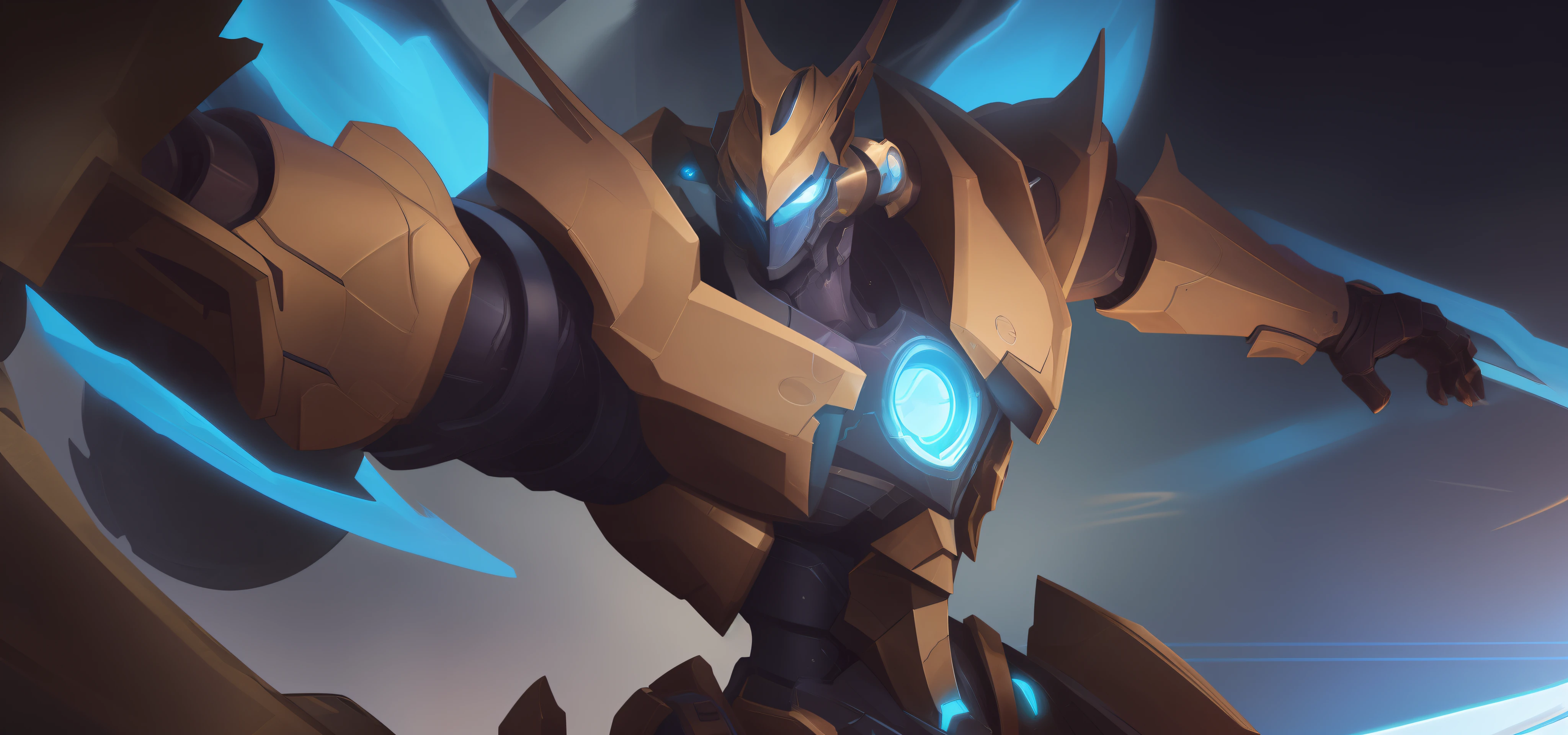a close up of a robot with a blue light on its face, League of Legends arte splash, Arte conceitual de League of Legends, nasus, paladino de ouro, Arte conceitual do Omegamon, Splash Art Oficial, Estilo de mecha legal, alexandre ferra mecha, Mecha Arte, Arte do personagem de League of Legends, Dragon Mech bem blindado