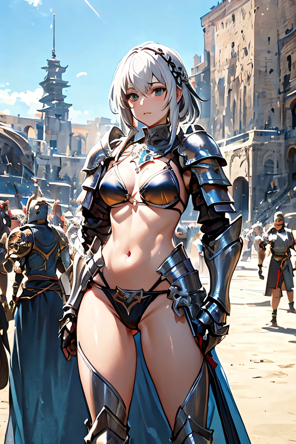 Alafed woman in armor and armor standing in front of crowd, armor girl, bikini armor female knight, Bikini Armor, bikini-armor, bikini-armor, ornate bikini armor, Female knight, guweiz on pixiv artstation, Gorgeous Female Paladin, guweiz on artstation pixiv, Beautiful armor,