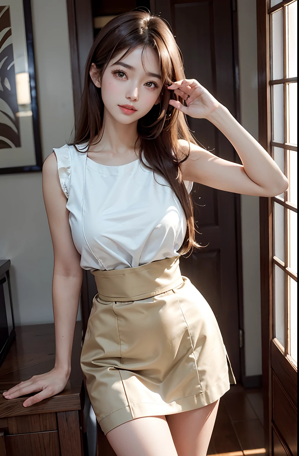 1 beautiful girl, sad girl, sitting by the window, long hair, beautiful face without blemishes, rosy face, earrings, brown eyes, thin eyebrows, most thorough makeup is eyelashes, Pink lipstick, lips petite, graceful smile, The breasts are full and round, slim waist, moderately big butt, long legs, wear a thin white shirt that reaches to the waist, black mesh stockings, long hair, one afternoon, sunset is fading, sky color orange, clear sunset background image, sad girl, sitting by the window, quality best image quality, 8k quality, real girl, girl portrait sitting by the window, artwork, upper body