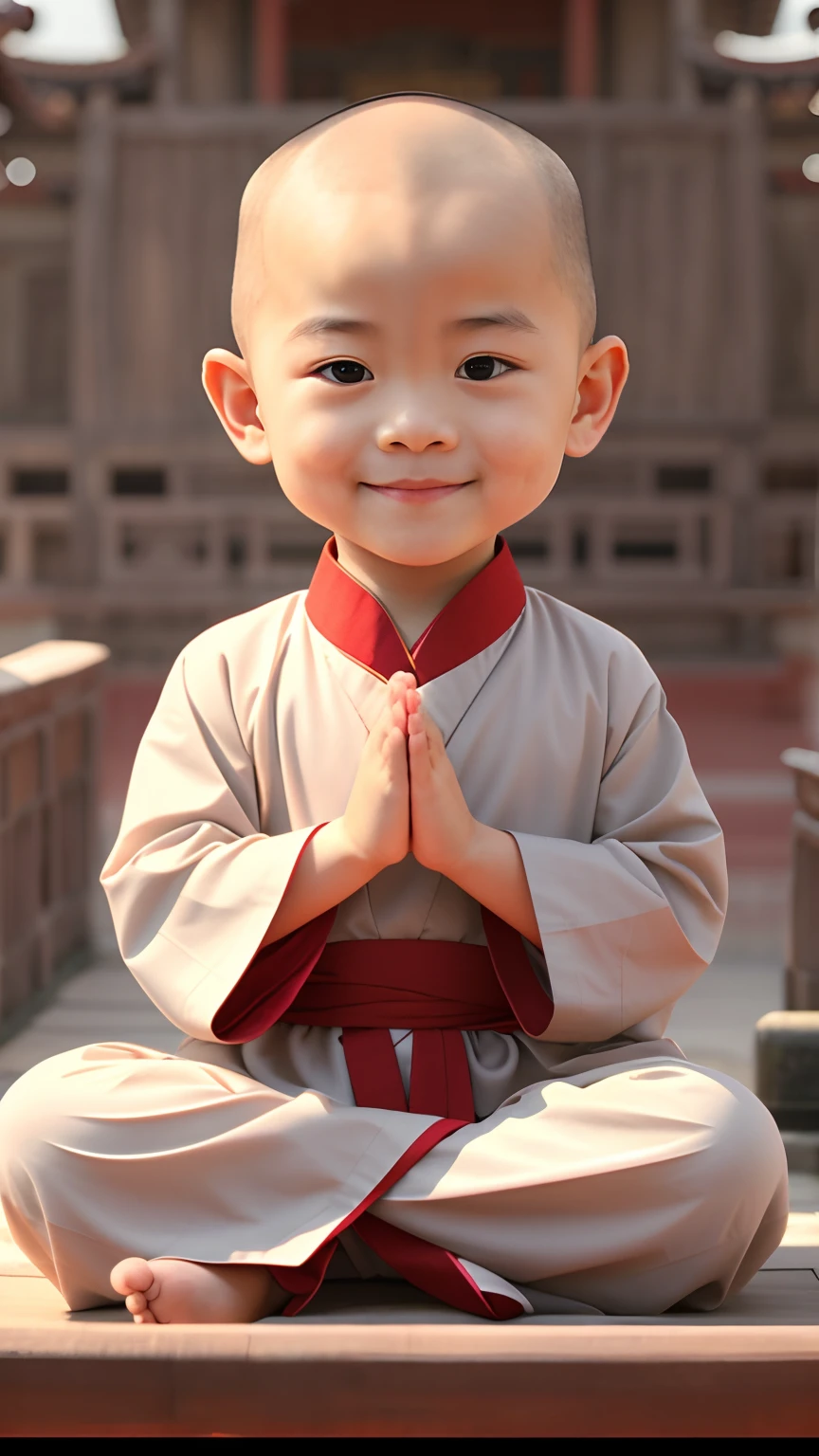 A cute little Chinese monk,Usando uma batina vermelha,Smile with folded hands,Fachada。The background is the Shaolin Temple,The frame is stable,Pernas normais, Not too exaggerated。