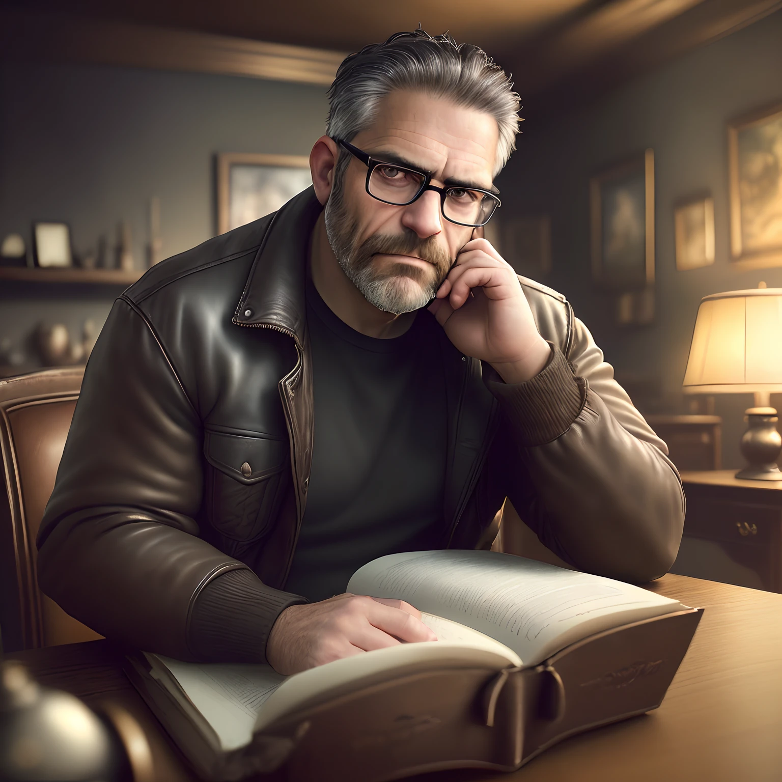(editorial photograph 9:16of a working man sitting in his living room in, bearded, serious doing his reading, 47 years old, brown eyes), (wearing worn and worn winter shirt, wearing old worn black leather jacket, wearing glasses, detailed:1.3), (highly detailed face:1.4), (background inside dark, grumpy, private study, antique furniture:1.3), (8k, uhd, DSLR, high quality, cinematic lighting, bokeh), (dramatic and award-winning photography, amazing masterpiece:1.3) (strong depth of field)