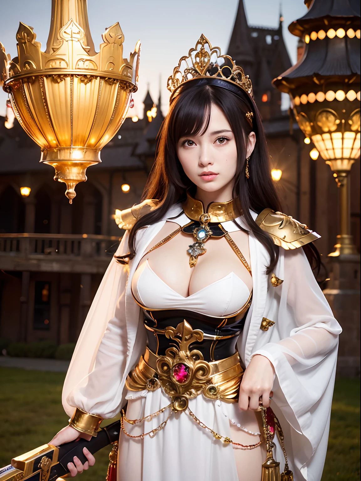 (masutepiece), Professional , masterpiece、top-quality、photos realistic , depth of fields (Gemstone Silver Metal Body:1.9),(Matte White、Jewel Gold Weapon、(Gorgeous castle background)、(ultimate beauty girl)、(Jewel Metal Body:1.4),Gorgeous Jewel Metal Weapons , Detailed Sword of the Brave ,( Soldier background in metal armor) ,warhammer 40k , adepta sororitas,Detail and ornate jewel crown、独奏、Black hair、(Gangle's forest background)、Beautiful Caucasian beauty、1a person、dynamic ungle,(((Diamond tiara with detail and luxury)))、a small face、A smile、Powerful poses、(Gorgeous castle background)、huge filesize、20 year old beautiful woman、Stand in the center of the screen、Thin female fingers、Straight long hair、Beautiful Caucasian beauty、Whole body、