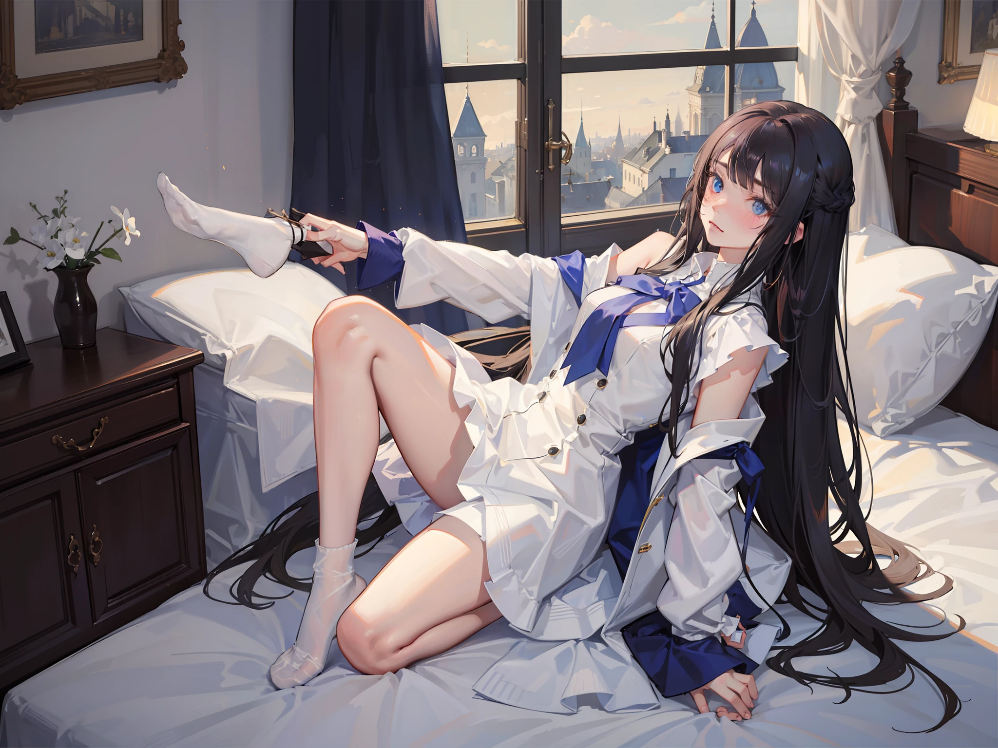 black color hair，Jk young girl with short and medium black hair，white short socks，White pile socks，8K，Need,tmasterpiece,Bedrooms，inns，whaite hair,Blue-eyed girl kneeling in front of the bed,White shirt with buttons unbuttoned,seminude，Look up at the perspective:1.5,Raised sexy,Hairline,is shy，Be red in the face，Fair skin,Cut off bangs，[Remove the white stockings from the legs with both hands]，Lower body naked，sitting on his knees on the bed，is shy
