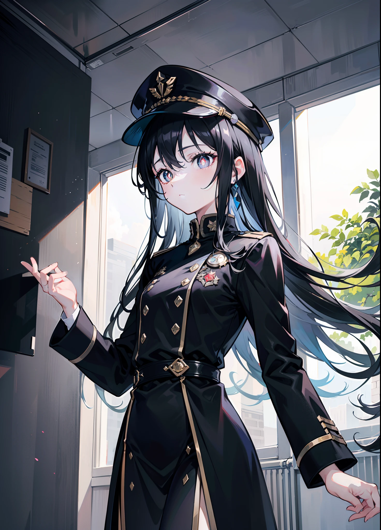 （tmasterpiece,best qualtiy,style of anime,a sense of atmosphere，higher details，cg render，Standing painting，Ray traching，sci-fy，Award-Awarded，Divine sense top light)(Black color hair，long whitr hair，hair straight，Black pupils，Black cap，high and cold，Black uniform，Non-juveniles)