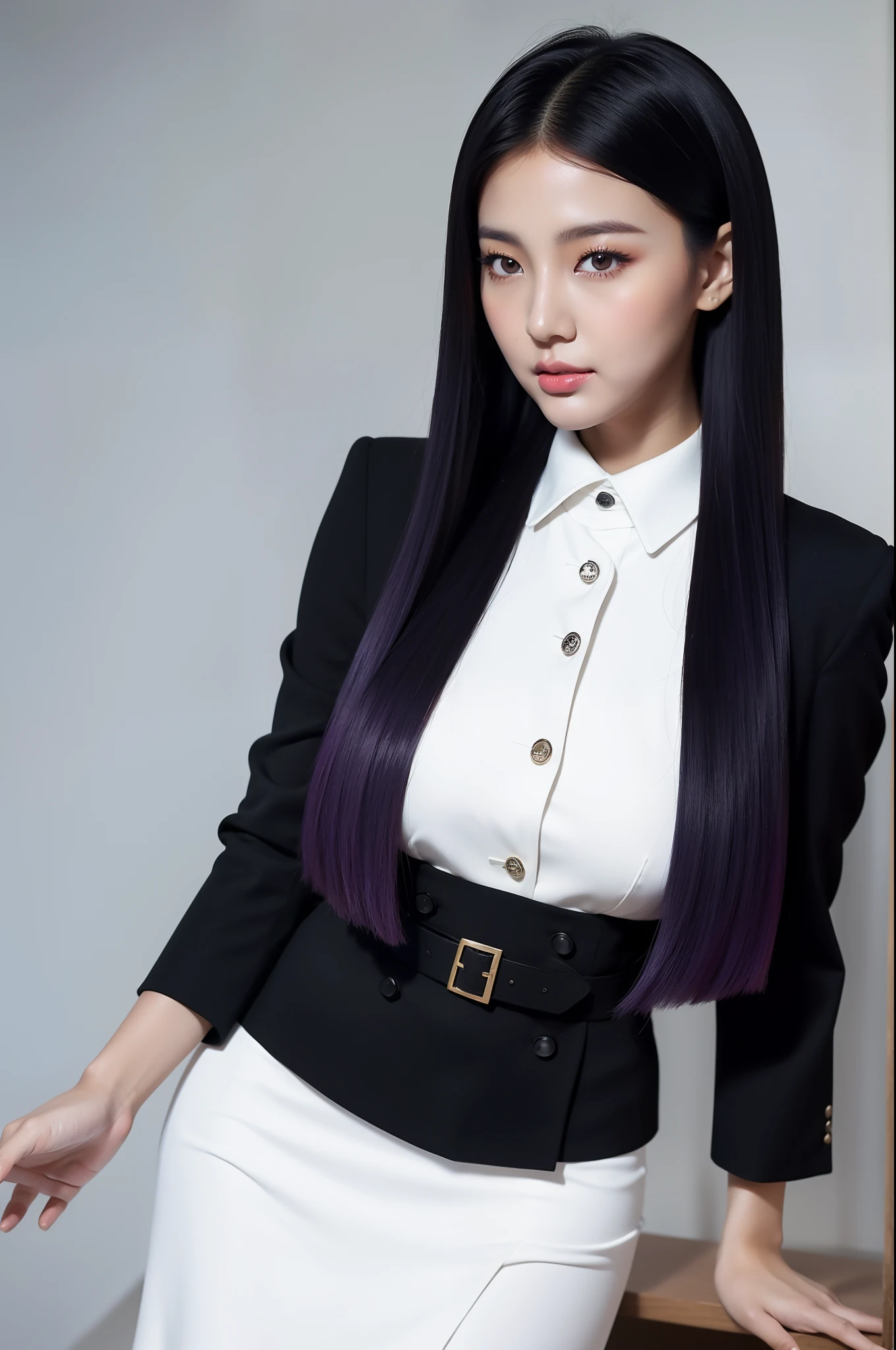 arafed asian woman in a white shirt and black skirt posing for a picture, jaeyeon nam, gorgeous young korean woman, beautiful south korean woman, korean girl, beautiful young korean woman, korean woman, heonhwa choe, korean women's fashion model, smooth white tight clothes suit, sexy look, big breast, rainbow hair , sexy pose