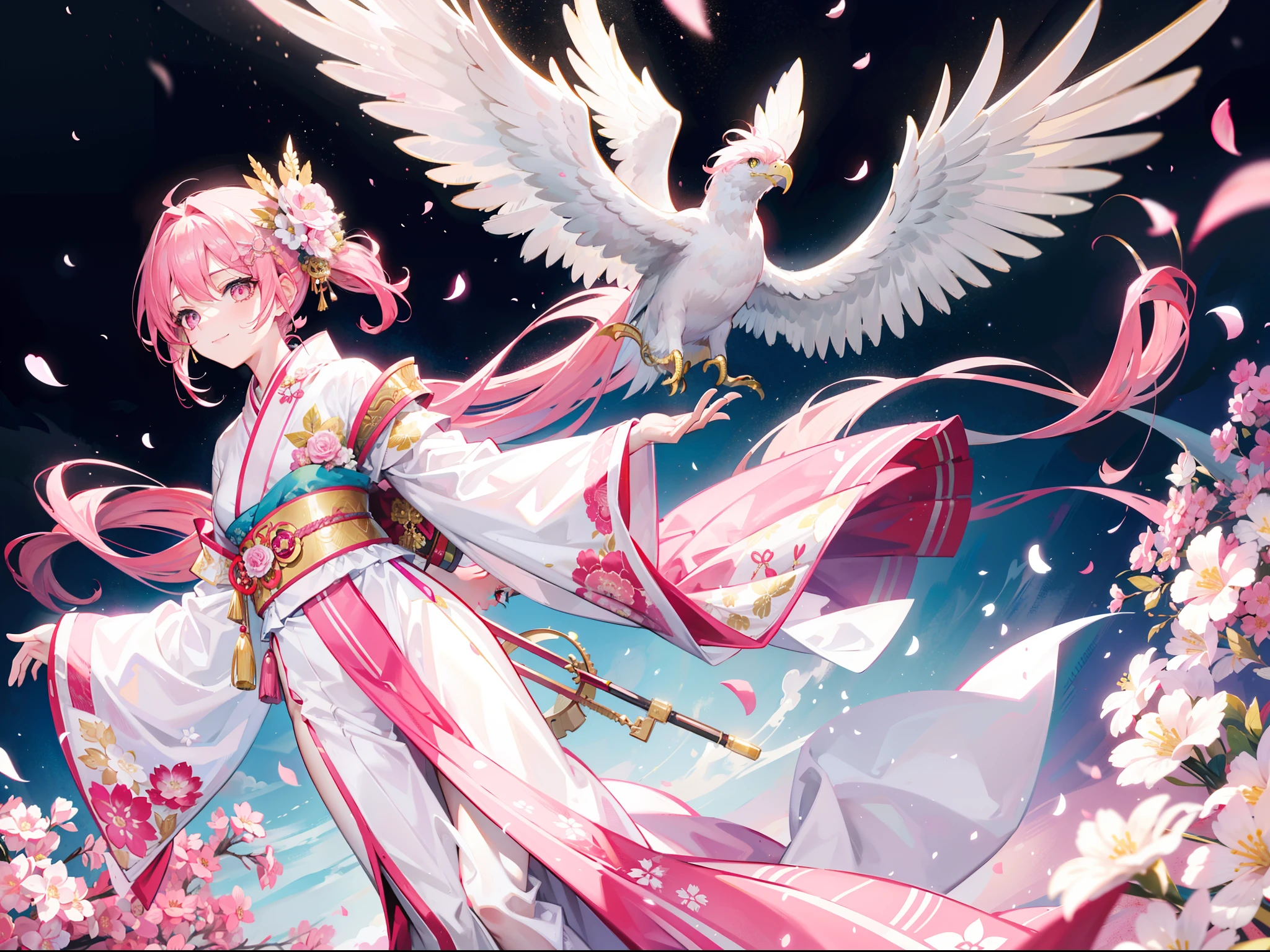 A beautiful pink-haired girl,dishiveredhair,The ends fade to white,He wears a golden hairpin,Wear three small flowers on each side,Wearing a white and pink and gold kimono,The kimono is printed with a white eagle motif,Behind him is a cyan and gold cloak,The lower body is wearing white stockings,bare-legged,With a bright and healing smile,Stand in a radiant wonderland,Light pink pupils,Play with an extremely large white eagle