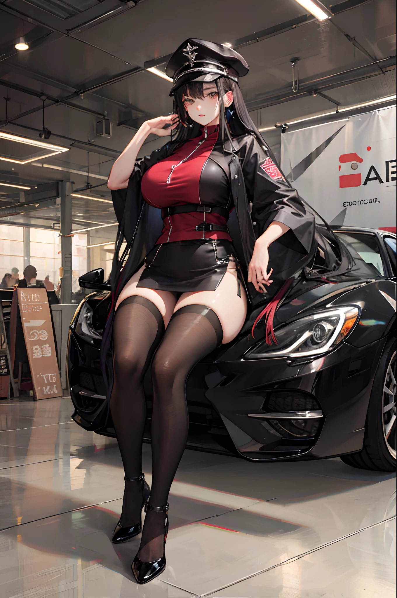 8k, beautiful woman, whole body, high volume hair, split pompadour, purple hair10, black blouse 10 sleeveless, red miniskirt 10, two bare legs, two bare arms, sports shoe, luxury car, Open mouth, slanted eyes, perfect body.