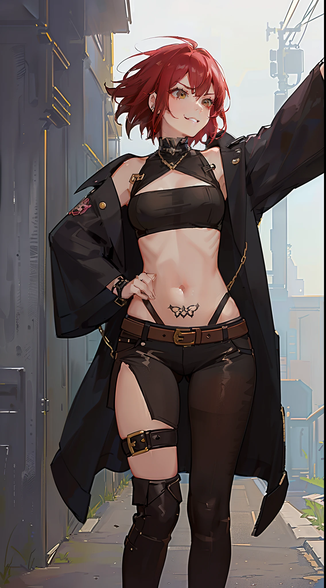 Adult woman, fangs, Orc, short brown hair, Punk hairstyle, Brown eyes, ciberpunk, The Monk of Street Fighting, brawn, smirk, Masterpiece, hiqiquality