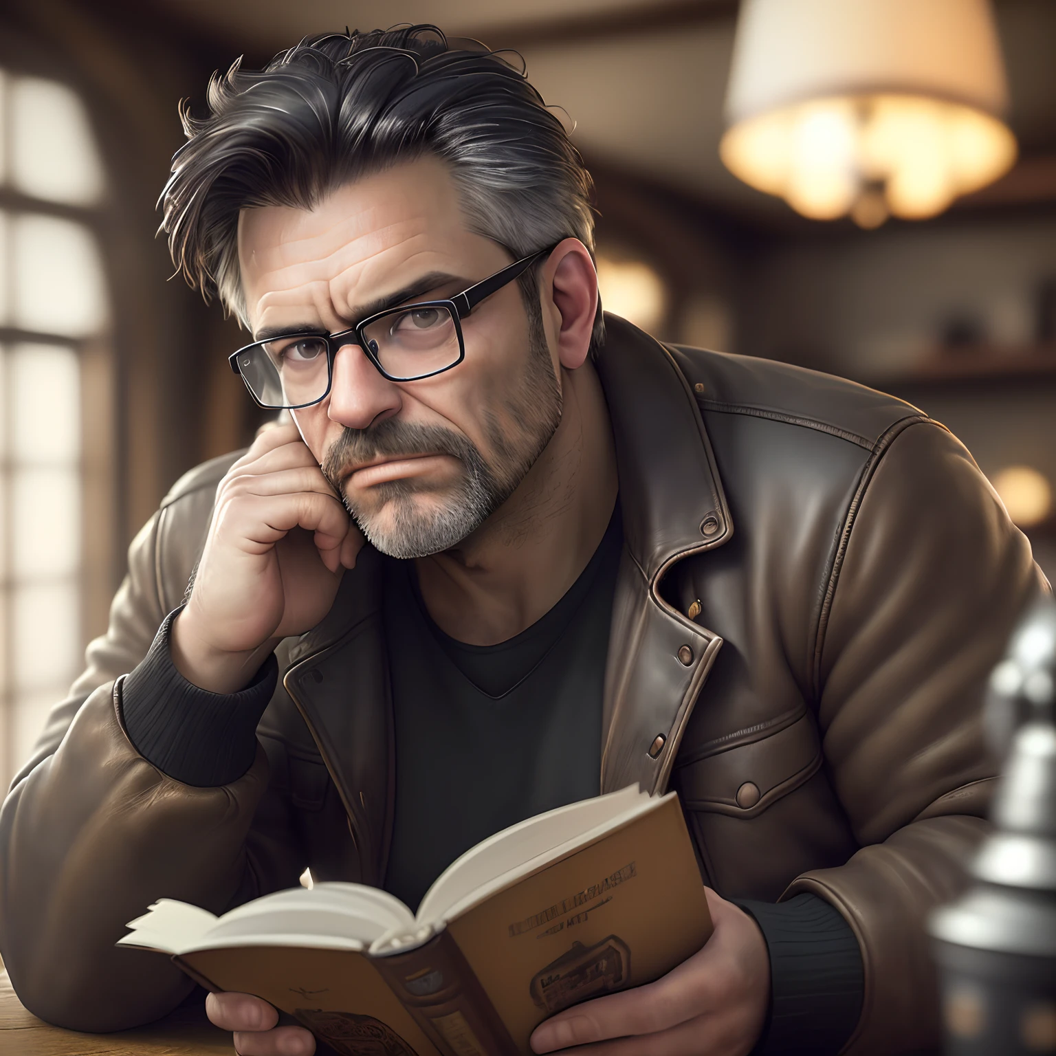 (editorial photograph 9:16of a working man sitting in his living room in, bearded, serious doing his reading, 47 years old, brown eyes), (wearing worn and worn winter shirt, wearing old worn black leather jacket, wearing glasses, detailed:1.3), (highly detailed face:1.4), (background inside dark, grumpy, private study, antique furniture:1.3), (8k, uhd, DSLR, high quality, cinematic lighting, bokeh), (dramatic and award-winning photography, amazing masterpiece:1.3) (strong depth of field)