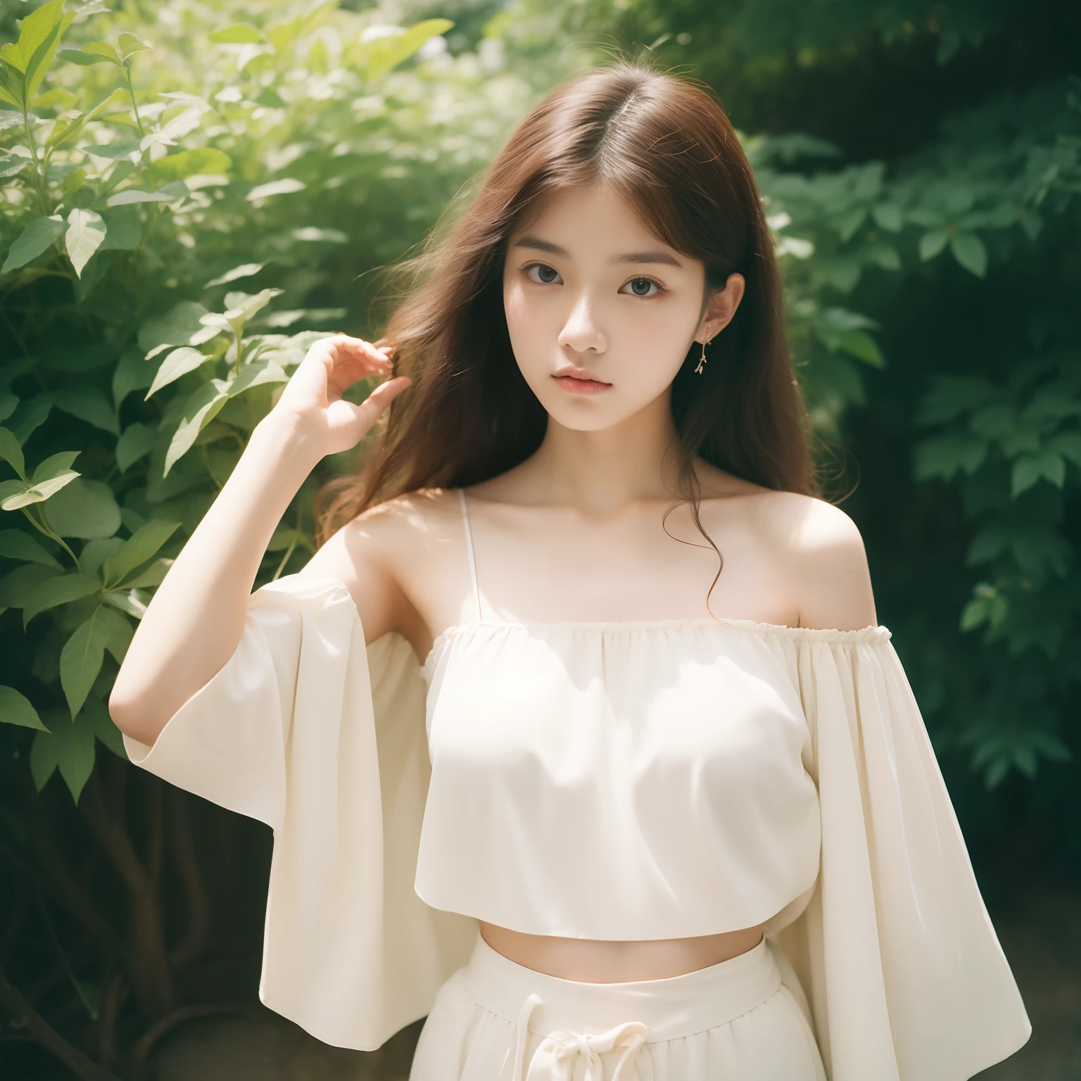 best quality, side posing, a kawaii Japanese fashion model girl, age of 21, wavy hair, off shoulder blouse, long pants, perfect full body torso, looking at viewer, art museum, analog photography, natural lighting