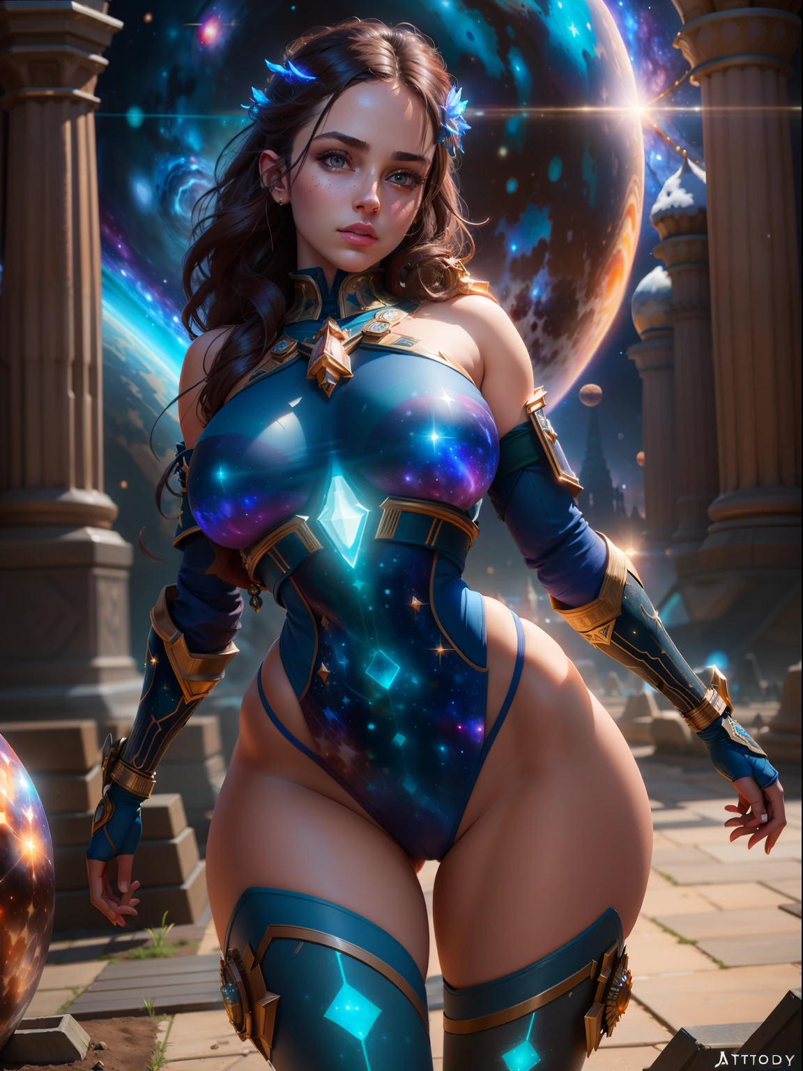 Highly detailed RAW color Photo, beautiful young girl, dynamic pose, (wide hips), (detailed skin), (detailed lips), bare private parts, (detailed eyes), (cosmic:1.4), (necropolis:1.1), (Sci-Fi setting) (detailed face), (curvy), detailed eyes, chromatic aberration, depth of field, soft lighting, masterpiece, best quality, intricate, (lens flare:0.7), (bloom:0.7), particle effects, raytracing, tone mapped, highly detailed, concept art, smooth, sharp focus, dramatic lighting, highly detailed artwork, cinematic, hyper realistic painting, trending on Artstation, 8K, incredible shadows, realistic, (highly detailed background:1.2), art by midjourney