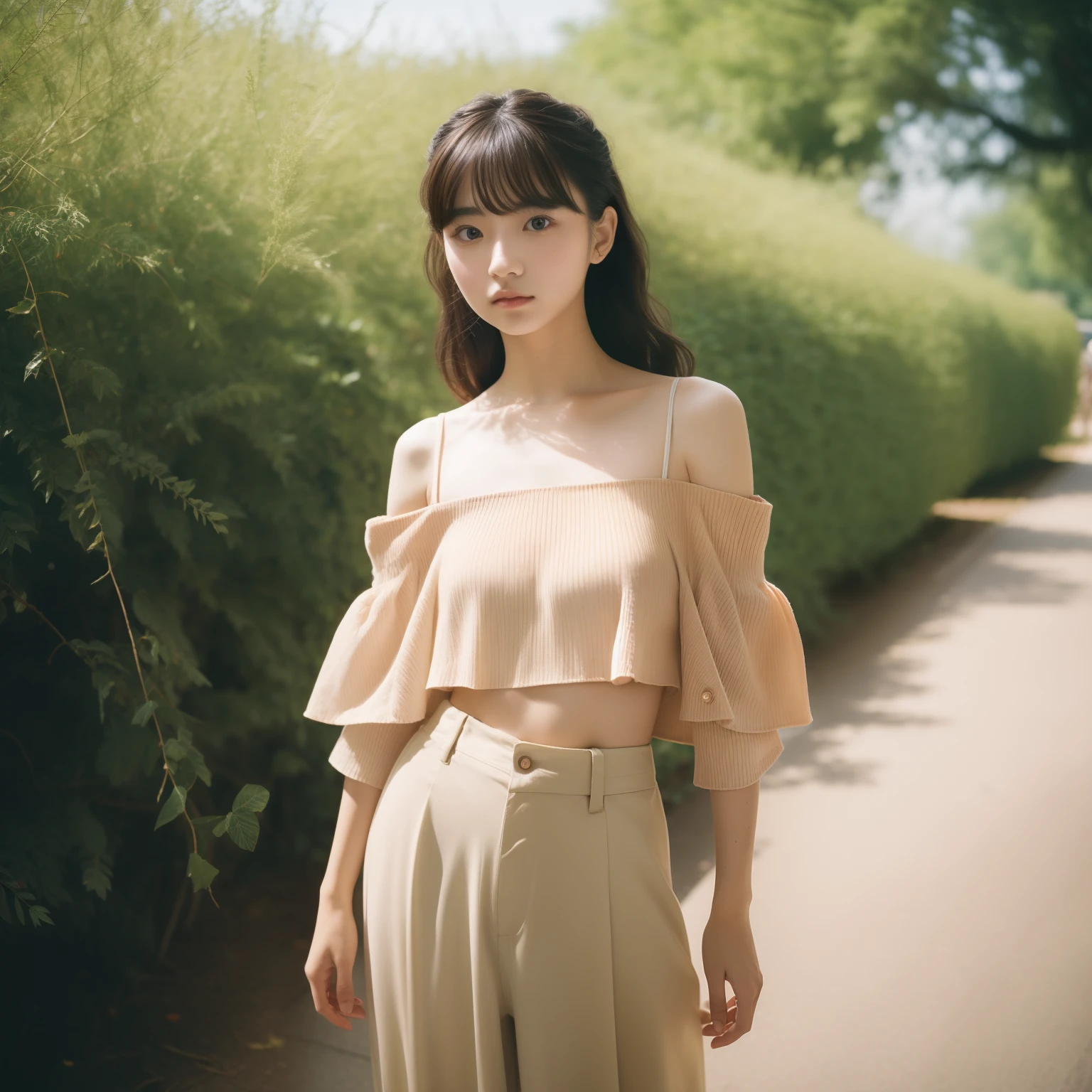 best quality, side posing, a kawaii Japanese fashion model girl, age of 21, wavy hair, off shoulder blouse, long pants, perfect full body torso, looking at viewer, art museum, analog photography, natural lighting