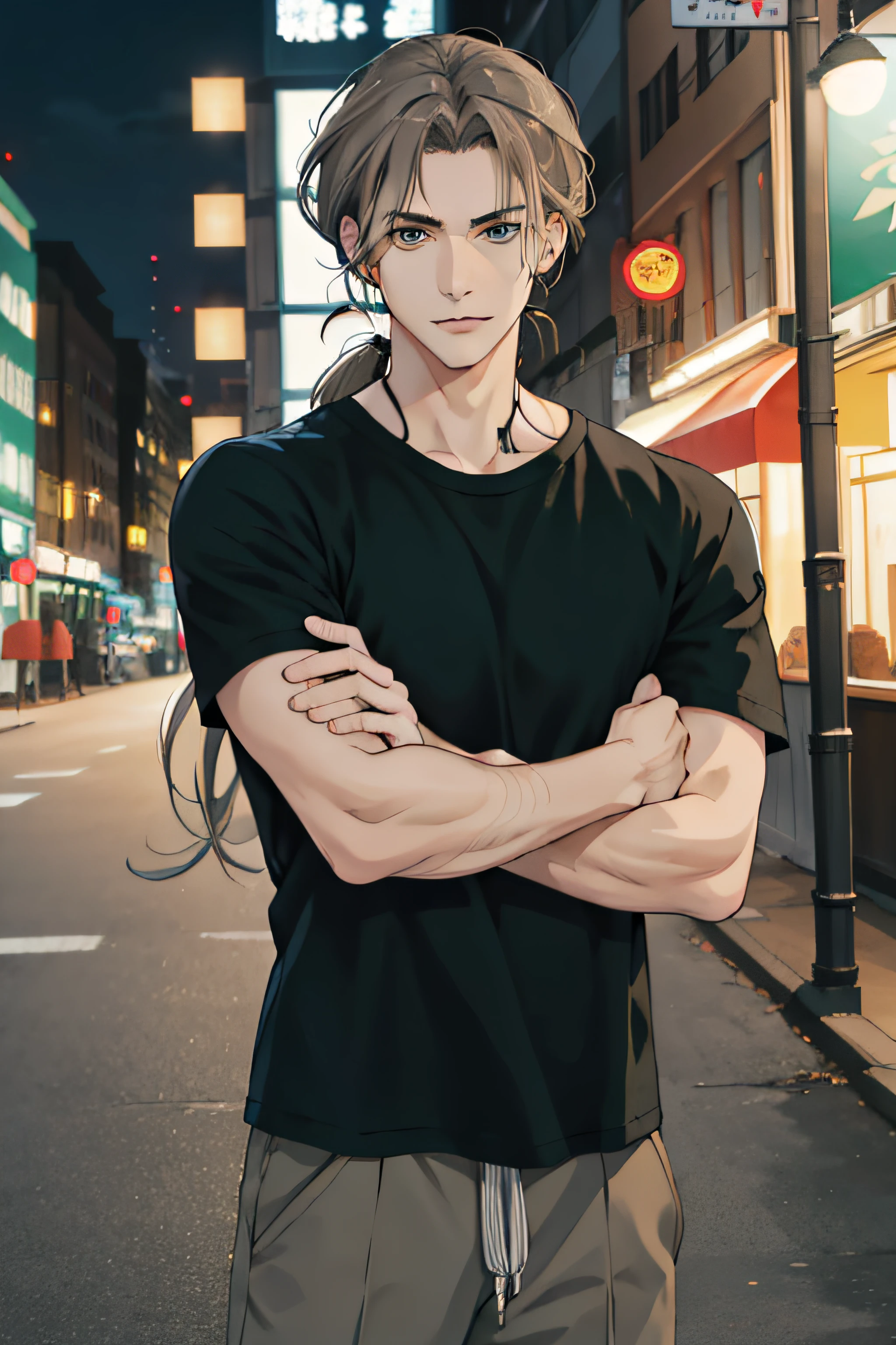 Anime - style image of a man with his hair tied into one, male anime characters,Dark green eyes, ​masterpiece、top-quality、a handsome、1 person、a black T-shirt、Night Street、nightcity、street、40 years、male people、realisitic、Loosely tied hair、tthin eyebrows、dimples、middle aged man、brown gray hair、messy hair、Loosely tied hair、littleSmile、slit eyes、have bangs、small iris、bangs hanging in the middle、sharp eyebrows