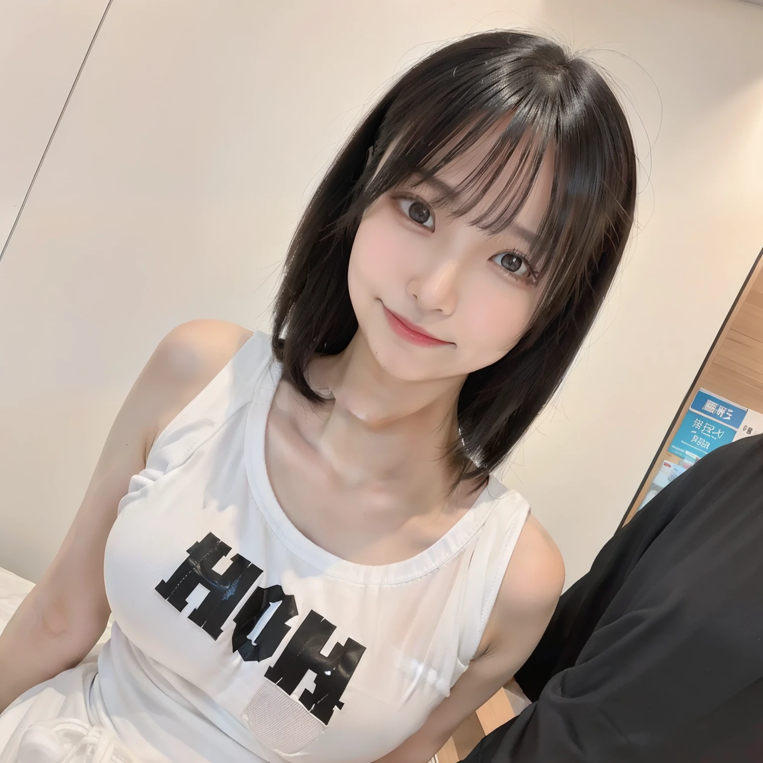 top-quality、超A high resolution、(Photorealsitic:1.4)、1girl in、独奏、、cleanness、(black hair short cut)、(huge-breasted:1.2)、looking at the viewers、a closeup、cute little、Realistic Girl、18year old、japanes、Black eye、natural soft light、Game Center、American clothes、Free Pose、a smile、Happy look