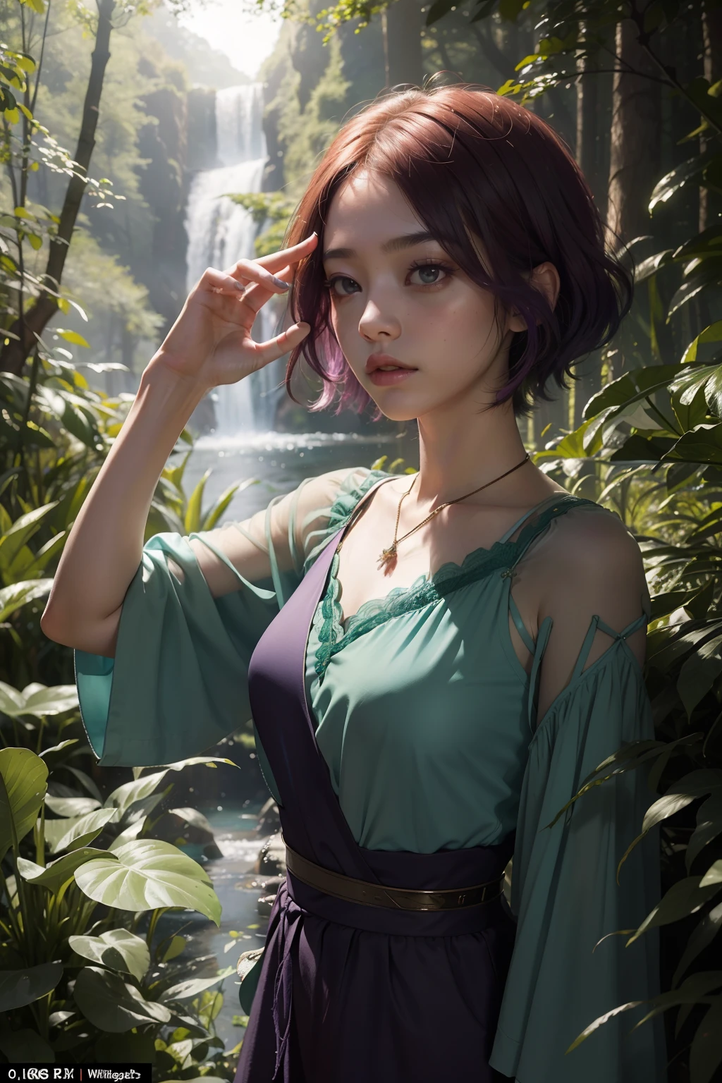 Beautiful woman lost in the forest、Troubled look、Embarrassing gesture、concept-art、Will-o'the-wisp overhead angle、Fanny Somalia Emerald Deep Orange Pinnafore Wear、short-hair、Fluorescent Purple Hair Tie、Equirectangular 360、Hi-Res、[(Art by Willibaumeister:1.1)、(John T.Art by Biggers:1.2)::17]、Official Art、Unity 8k壁纸、ultra-detailliert、aesthetic、​masterpiece、top-quality、Photorealsitic