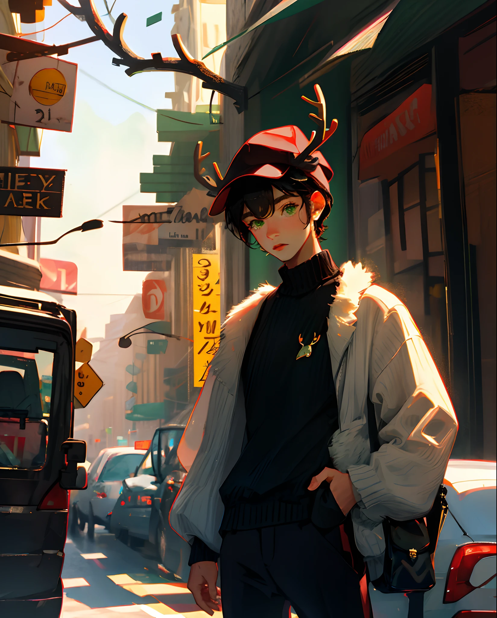 1boy, short black hair, green eyes, wearing striped sweater, black hat, deer antlers, black pants, city. absurd, high res, ultrasharp, BK, masterpiece, looking at the viewer