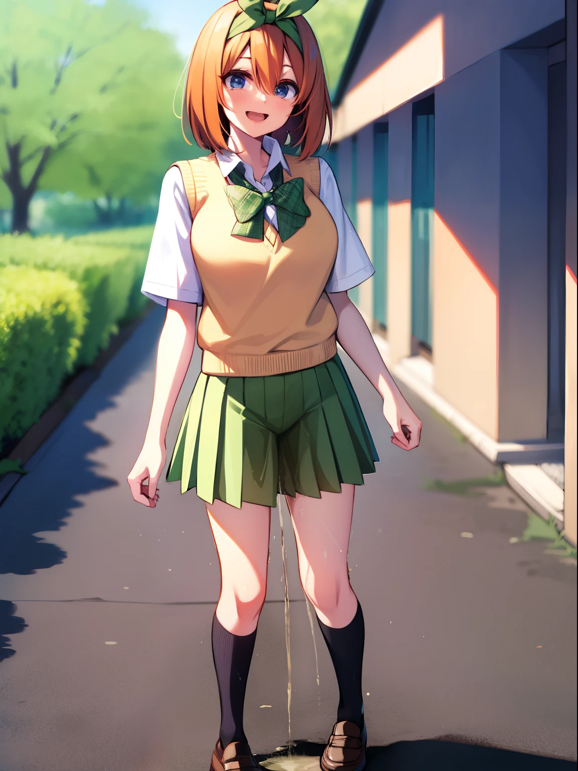 yotsuba nakano, bangs, short hair, blue eyes, hair between eyes, hair ribbon, hairband, orange hair, green ribbon,skirt, shirt, bow, ribbon, school uniform, white shirt, short sleeves, pleated skirt, shoes, socks, collared shirt, miniskirt, bowtie, black footwear, kneehighs, green skirt, black socks, loafers, green bow, sweater vest, green ribbon, knee socks, outdoors, excited, laugh, looking at viewer, standing, fullbody,  ((pee stream)), (pee puddle), pee stain, wet skirt, wet furniture, pee puddle, peeing, wet stockings, wet skirt