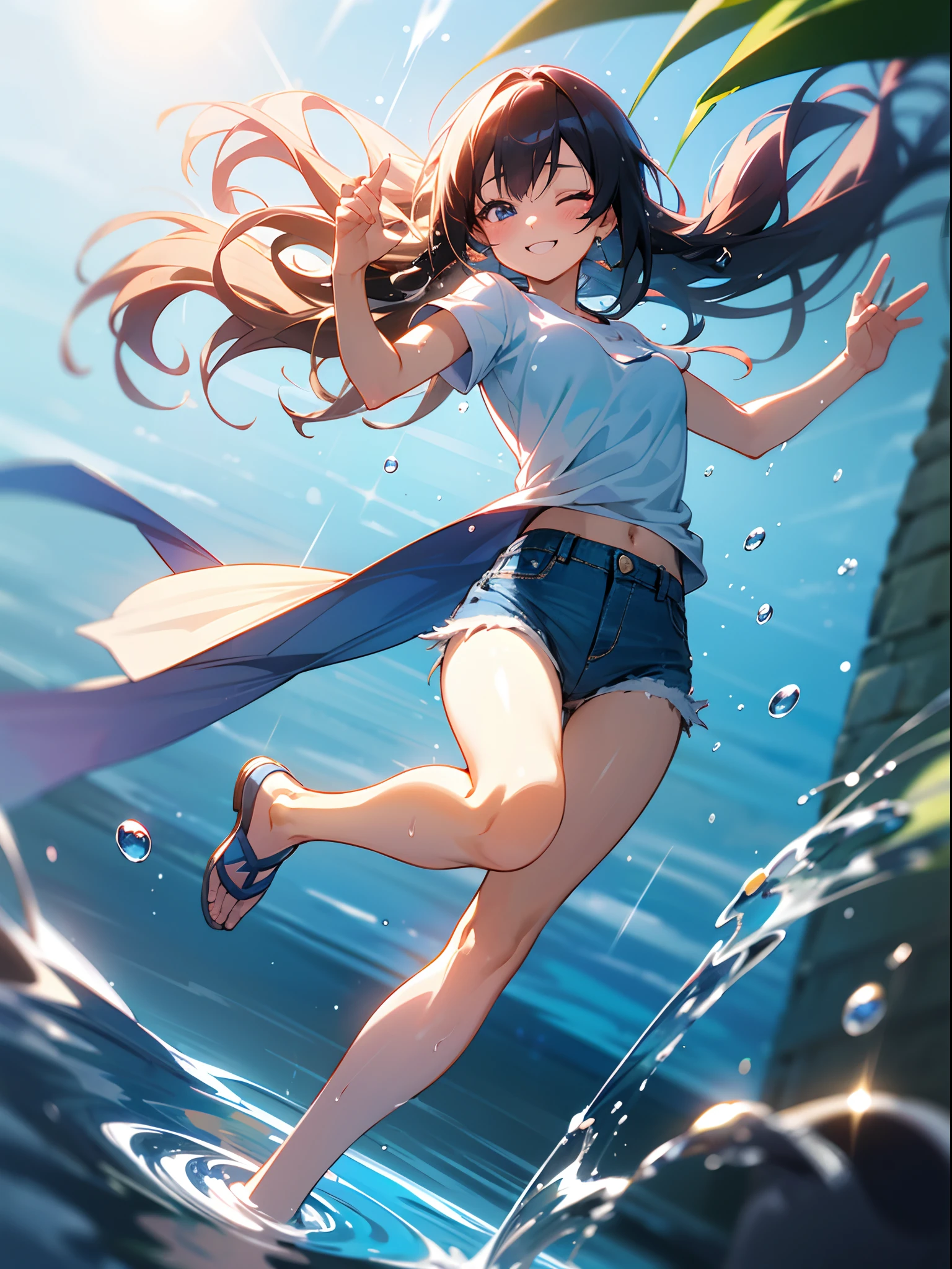 masutepiece,Best Quality,1girl in,
Dynamic Angle,(Full body:0.9),
joyful pose,lightsmile,blush,playing in the water,one eye closed,:>,Long hair,Glowing eyes,Denim shorts,
Water Reflection,(floating water drop),(Blurred foreground),(Blue sky),Lens Flare, (Water splash),Sunshine