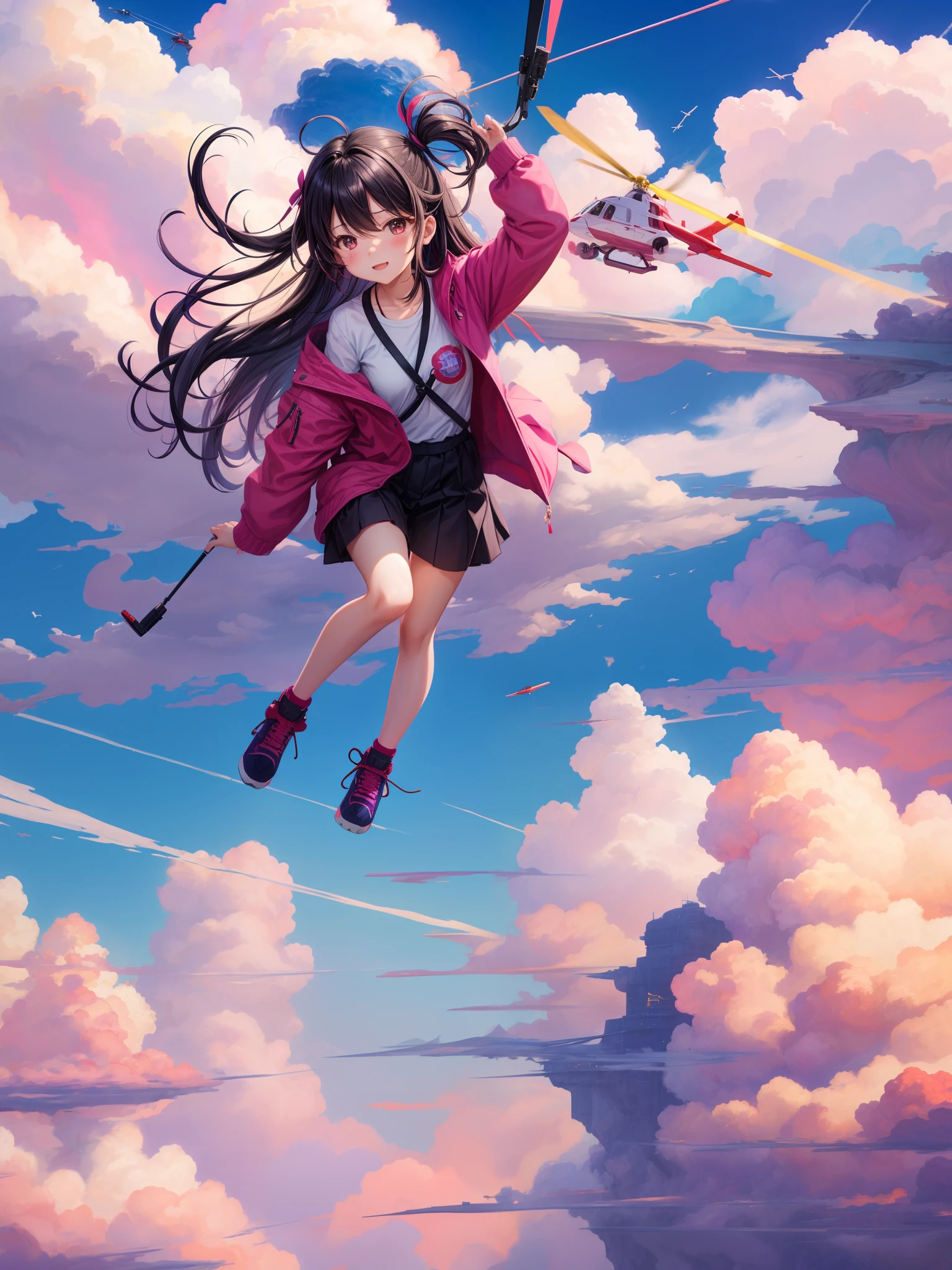 Purple and red sky、cumulonimbus clouds、End of summer、Cute girl flying in the sky hanging on helicopter、Black straight hair、fantasy city