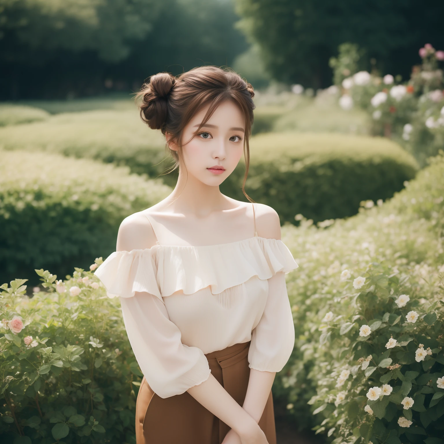 An award winning photography, 1 girl solo, editorial fashion photo, a Beautiful Japanese woman, layered buns hair, brown color hair, natural makeup, glossy lips, wearing open off shoulder blouse, wearing parachute pants, boots, at flower garden, natural lighting