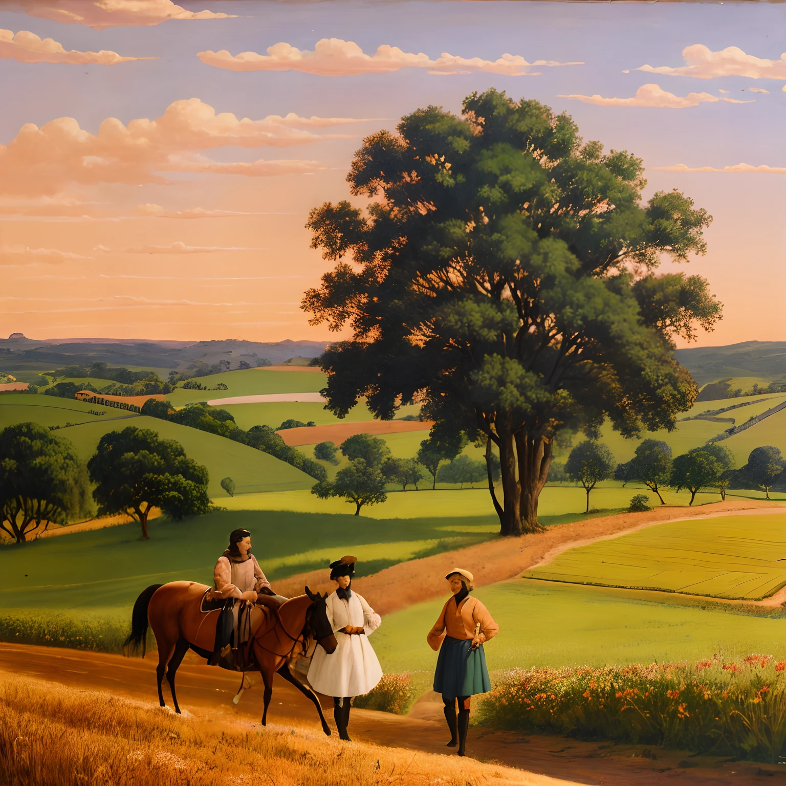 pintura de um casal de pessoas andando a cavalo por uma estrada de terra, country landscape, inspirado em John Frederick Herring, Ir.., Hildebrandt, no campo, Summer landscape, inspirado em Christoffer Wilhelm Eckersberg, summer afternoon, nos vastos campos de trigo, inspired by the Brothers Hildebrandt, summer morning, inspirado em Edward Hicks, inspirado em John Frederick Herring, Jr.