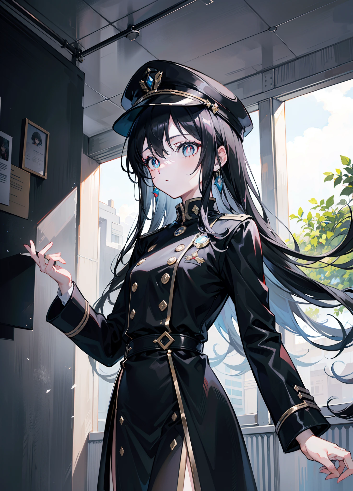 (tmasterpiece,best qualtiy,style of anime,a sense of atmosphere,higher details,cg render,Standing painting,Ray traching,sci-fy,Award-Awarded,Divine sense top light)(Black color hair,long whitr hair,hair straight,Black pupils,Black cap,high and cold,black uniforms,Non-juveniles)
