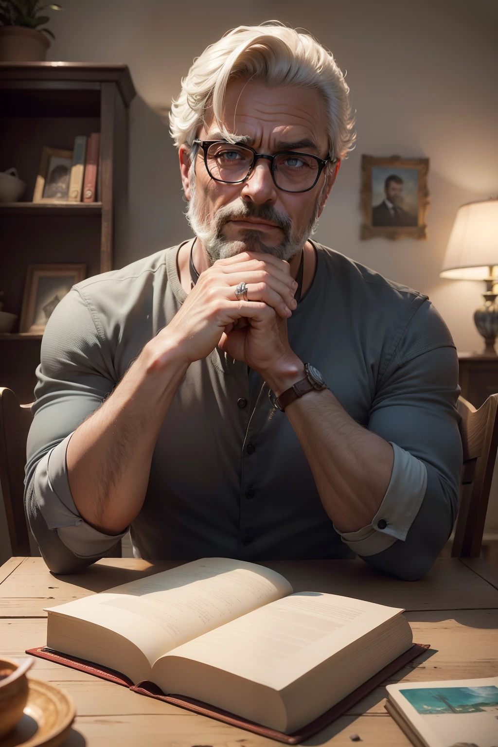 (fotografia editorial 9:16de um homem trabalhador sentado em sua sala de estar, barbudo, seriously doing your reading, 47 anos, olhos castanho), (vestindo camisa de inverno usada, vestindo jaqueta de couro preta velha usada, wearing old glasses), (olhando para frente, olhar meigo), (with hands holding the book), (rosto altamente detalhado:1.4), (fundo dentro escuro, mal-humorado, estudo particular, antique furnitures:1.3), (8k, uhd, DSLR, alta qualidade, cinematic lighthing, bokeh), (Dramatic and award-winning photography, amazing masterpiece:1.3) (forte profundidade de campo)