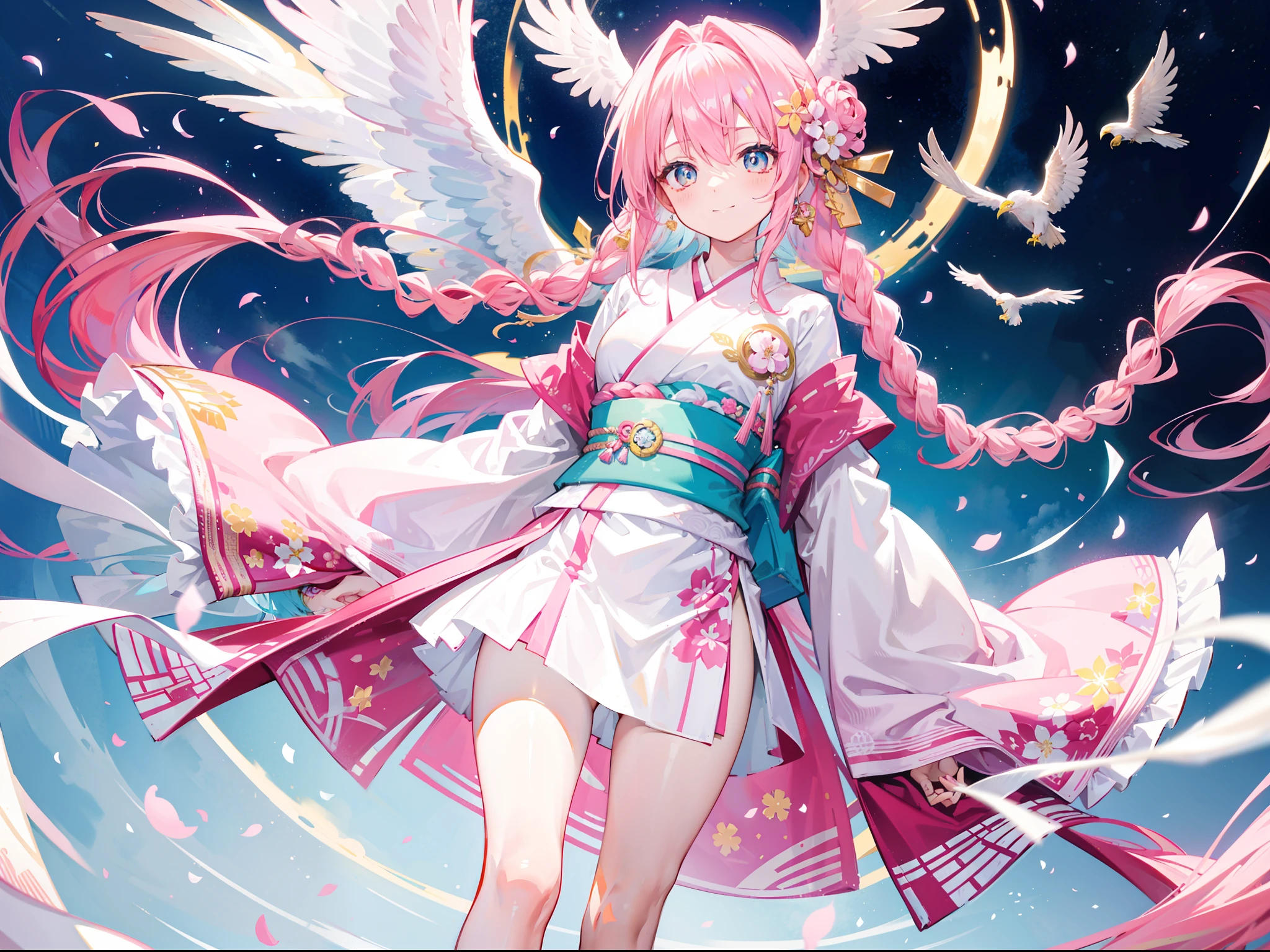 A beautiful pink-haired girl,dishiveredhair,Extremely long hair,Tie-double twisted braids,The hair color is white and pink,He wears a golden hairpin,Wear three small flowers on each side,Wearing a white and pink and gold kimono,The kimono is printed with a white eagle motif,Behind him is a cyan and gold cloak,The lower body is wearing white stockings,bare-legged,With a bright and healing smile,Stand in a radiant wonderland,Light pink pupils,Play with an extremely large white eagle,full bodyesbian