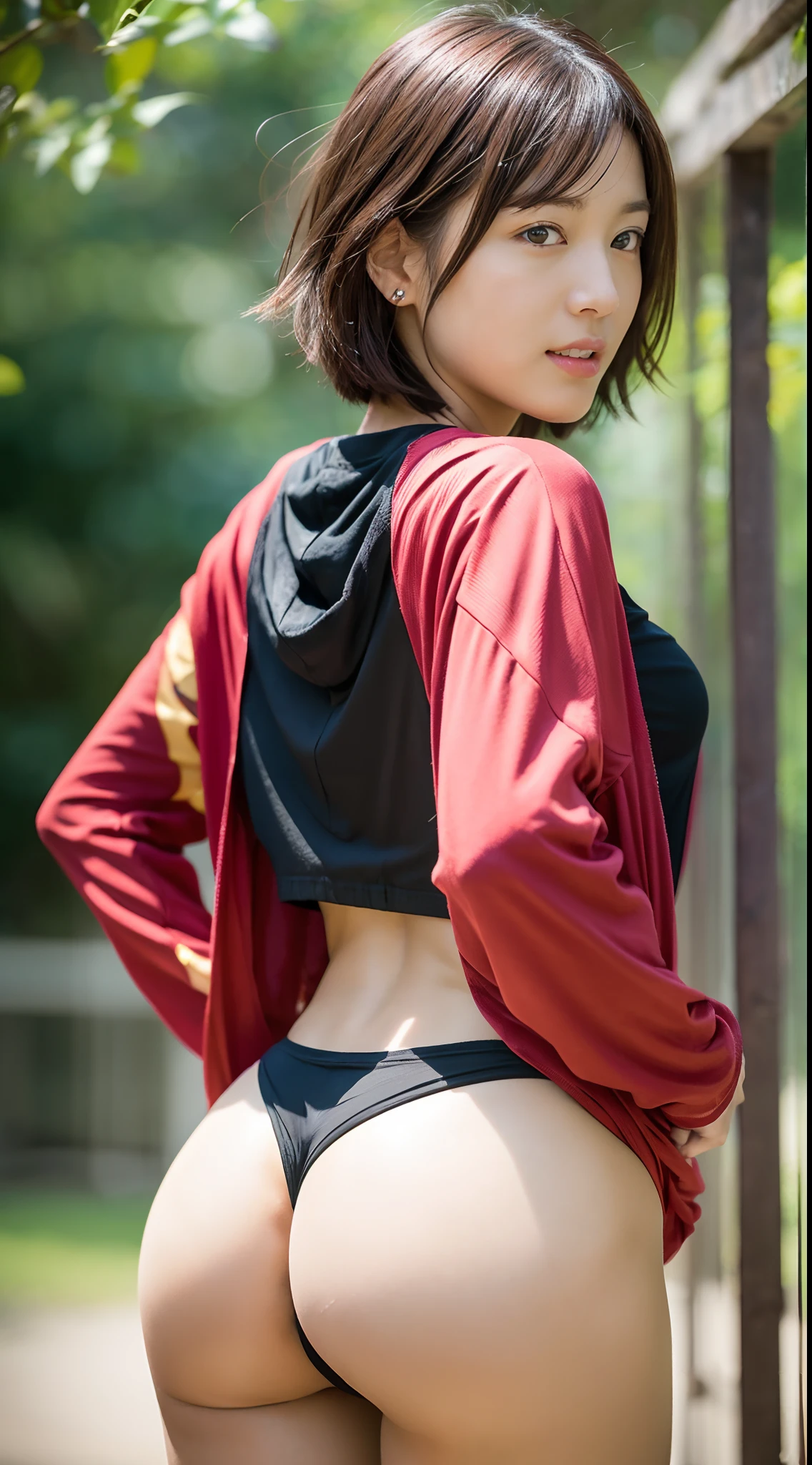 (masutepiece:1.3), (8K, Photorealistic, Raw photography, Best Quality: 1.4), japanse, Beautiful face, (Lifelike face), (Short-cut hair:1.3), Realistic eyes, Beautiful eyes, (realskin), Beautiful skin, Ultra high definition, Hyper-realistic, hight resolution, Beautiful Japan Woman、(Change of clothes:1.5)、Land Track、track and field、(from the rear:1.4)、(Dig into the buttocks:1.2)、Shy face、(athletic field)