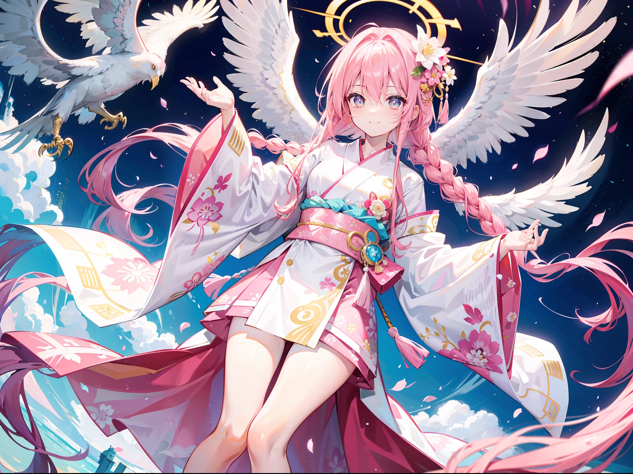 A beautiful pink-haired girl，dishiveredhair，Extremely long hair，Tie-double twisted braids，The hair color is white and pink，He wears a golden hairpin，Wear three small flowers on each side，Wearing a white and pink and gold kimono，The kimono is printed with a white eagle motif，Behind him is a cyan and gold cloak，The lower body is wearing white stockings，without wearing shoes，With a bright and healing smile，Sit in a radiant wonderland，The sky is shining，faeries