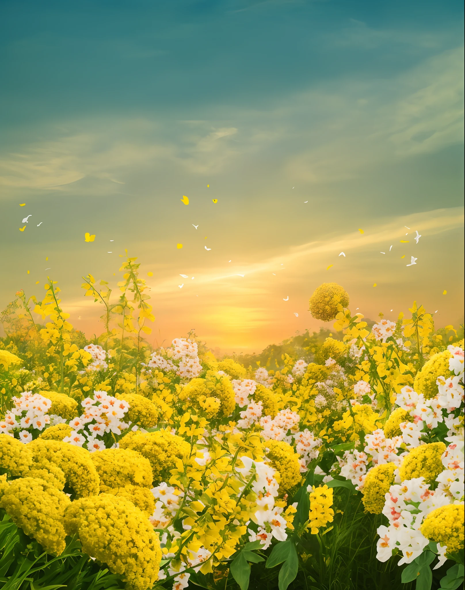 painting of a field of flowers with a sunset in the background, campo de fundo das flores, O Brilhante Amanhecer no Prado, floral sunset, flor natural do fundo, bright sunny summer day, cena quente e bonita, background is celestial, beautiful high resolution, fundo dourado da hora, summer morning flower garden, an aesthetic field of flowers, ambiente floral, fundo da natureza, fundo da flor