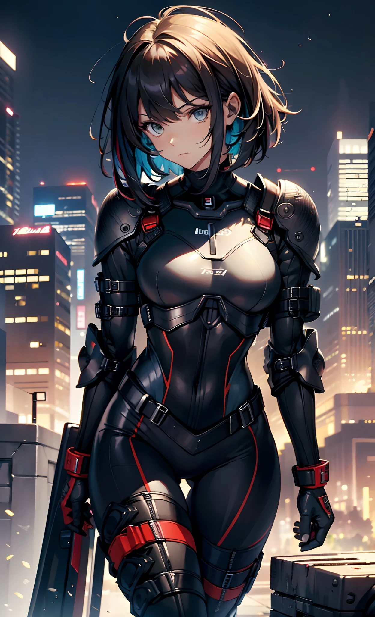 A pretty woman, 1 woman, Japanese, Alone, ((black metal plug suit:1.3)), ((many decorations plug suit), ((battle suit)), ((masterpiece)), ((Best Quality)), (ultra detailed), ((kawaii)), Beautiful, (beautiful), ((extremely detailed)), 4k, (8k), Best Quality, (beautiful), illustration, Worthy, (blow to the body), (Midnight, city, battlefield), (long black hair), Hair blowing in the wind, beautiful blue eyes, ((beautiful eyes)), lip, serious expression, blush, bright,