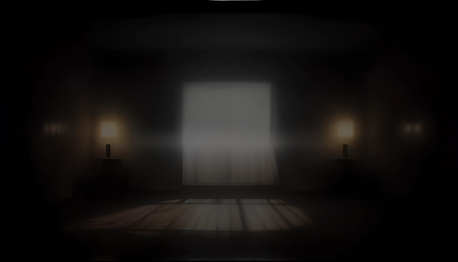 um quarto mal iluminado com uma janela e uma cortina, quadro de filme escuro e misterioso, quarto escuro e nebuloso, a still of an ethereal, dentro de um quarto escuro, sala cheia de sombra com sombrio, cena de abertura, Quarto fantasma, cena escura com luz fraca, atmosfera assombrosa, Imagens do trailer teaser, darkness's background, muted stage effects, cinematic opening shot, video still